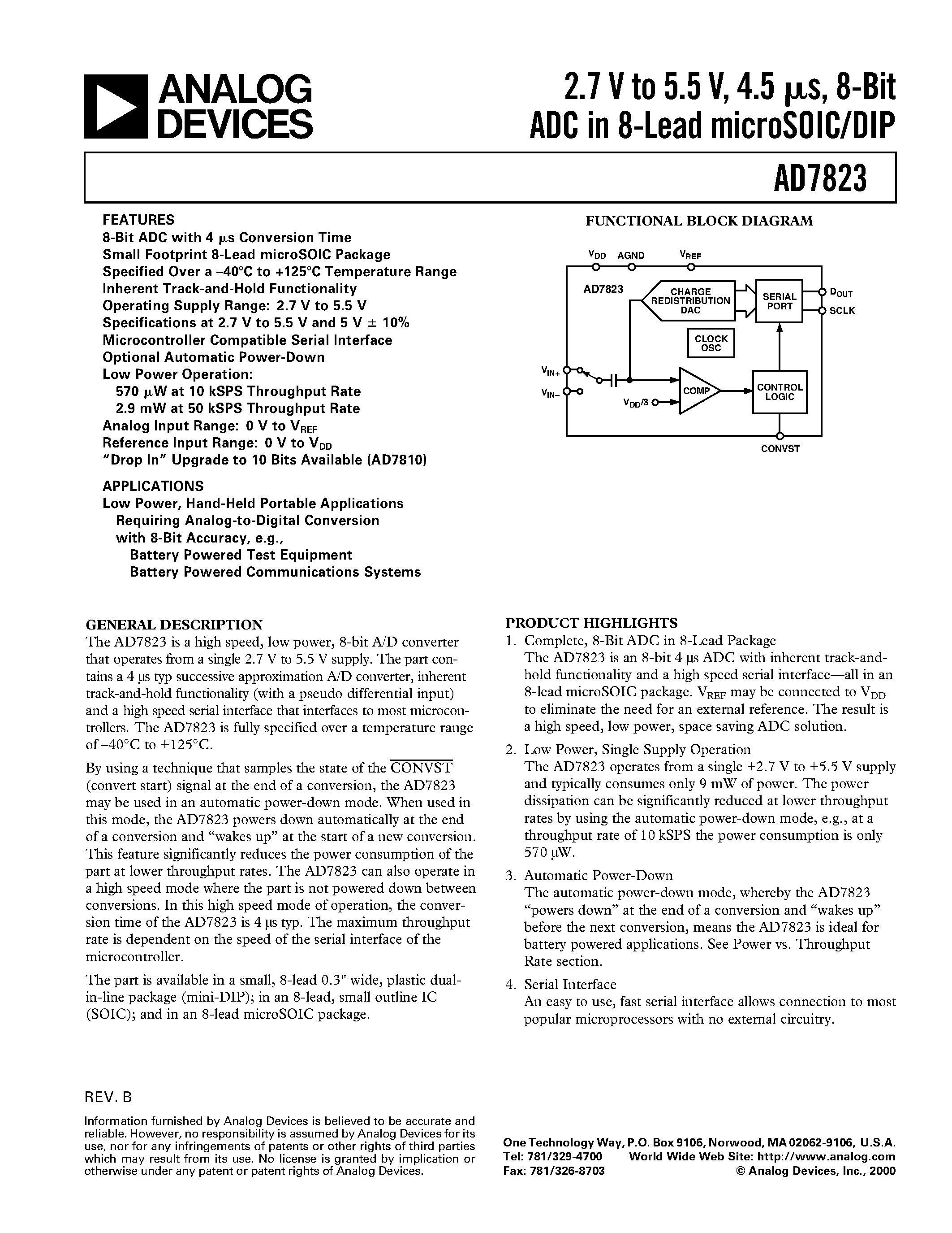 Datasheet AD7823YRM - 2.7 V to 5.5 V/ 4.5 us/ 8-Bit ADC in 8-Lead microSOIC/DIP page 1