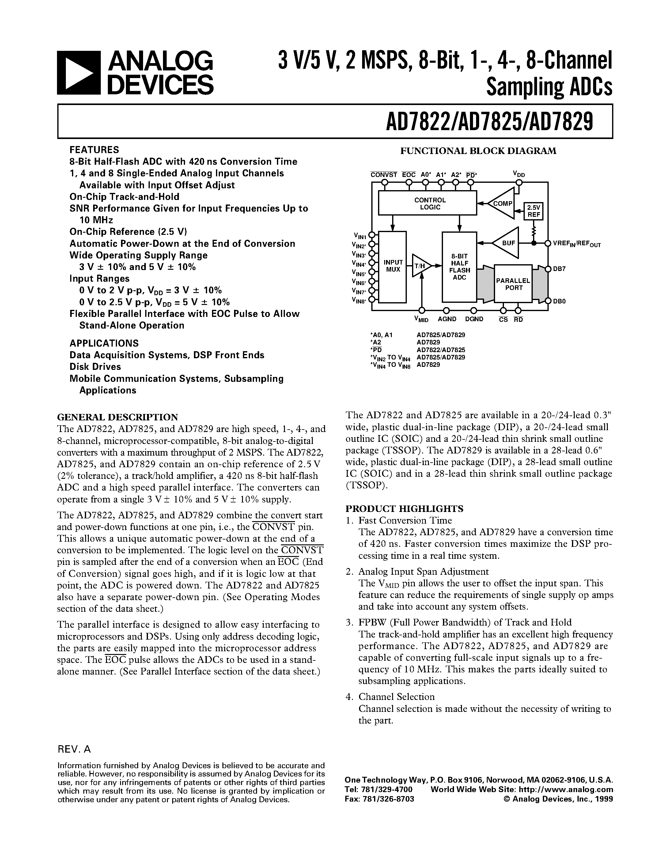 Datasheet AD7825BN - 3 V/5 V/ 2 MSPS/ 8-Bit/ 1-/ 4-/ 8-Channel Sampling ADCs page 1