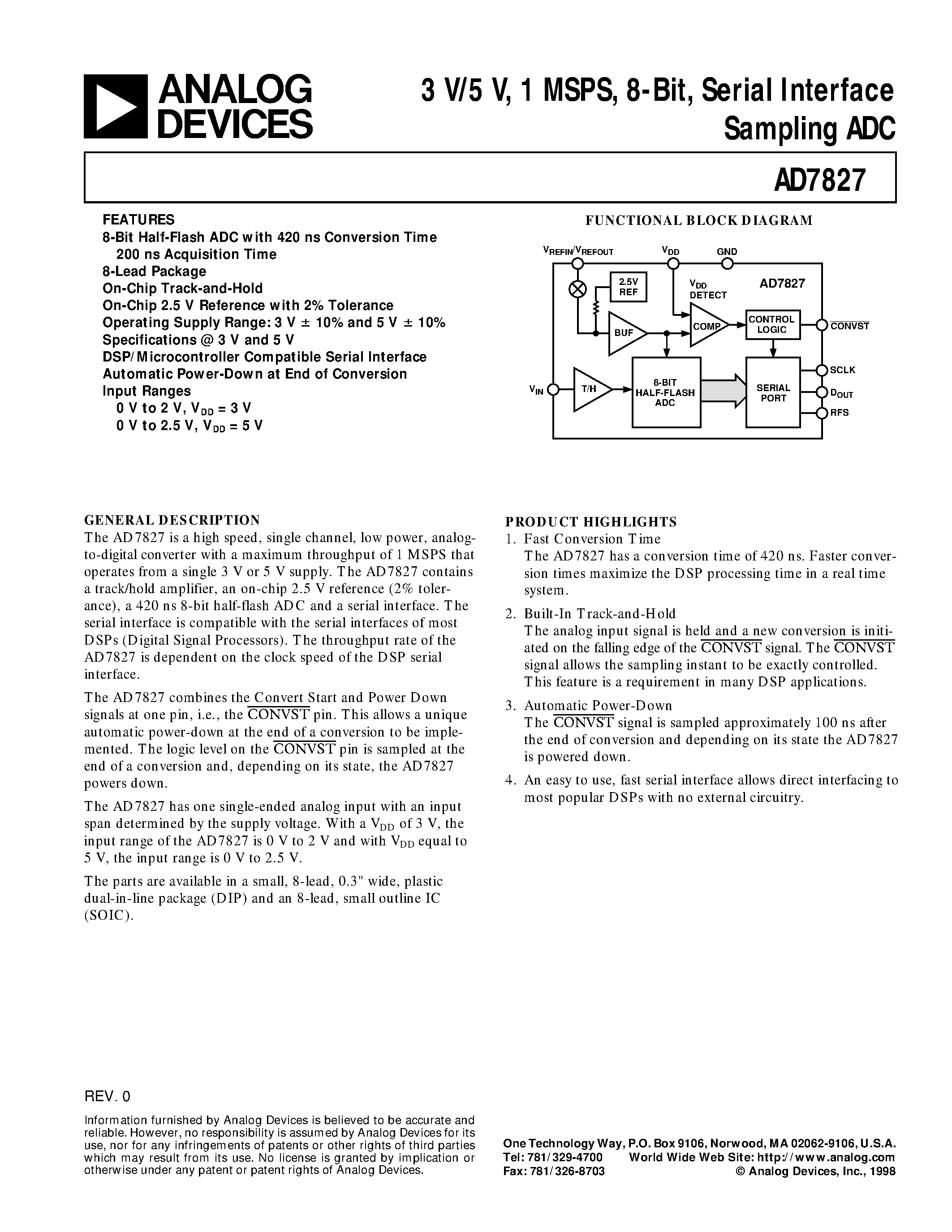 Datasheet AD7827BN - 3 V/5 V/ 1 MSPS/ 8-Bit/ Serial Interface Sampling ADC page 1