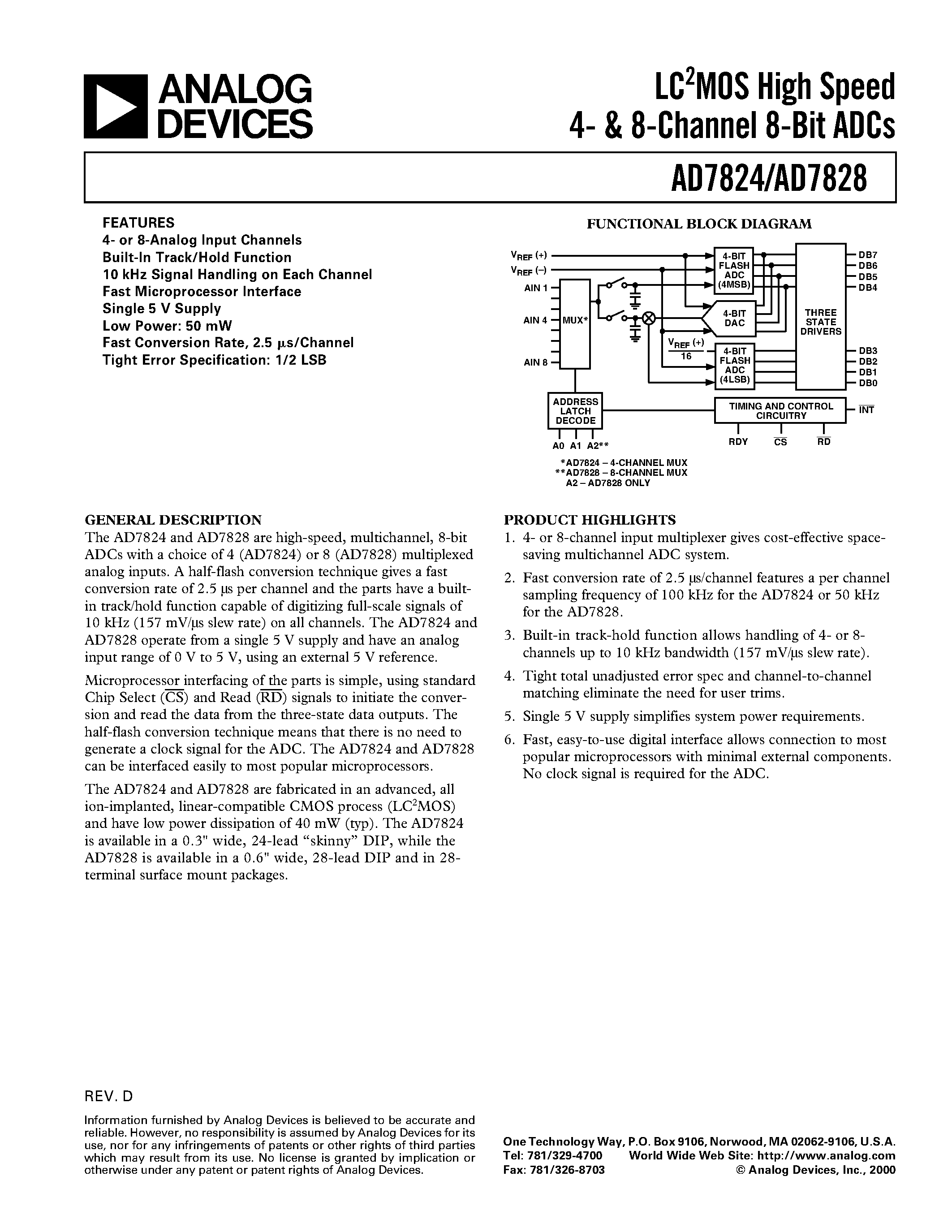 Даташит AD7828BRS - LC2MOS High Speed 4- & 8-Channel 8-Bit ADCs страница 1