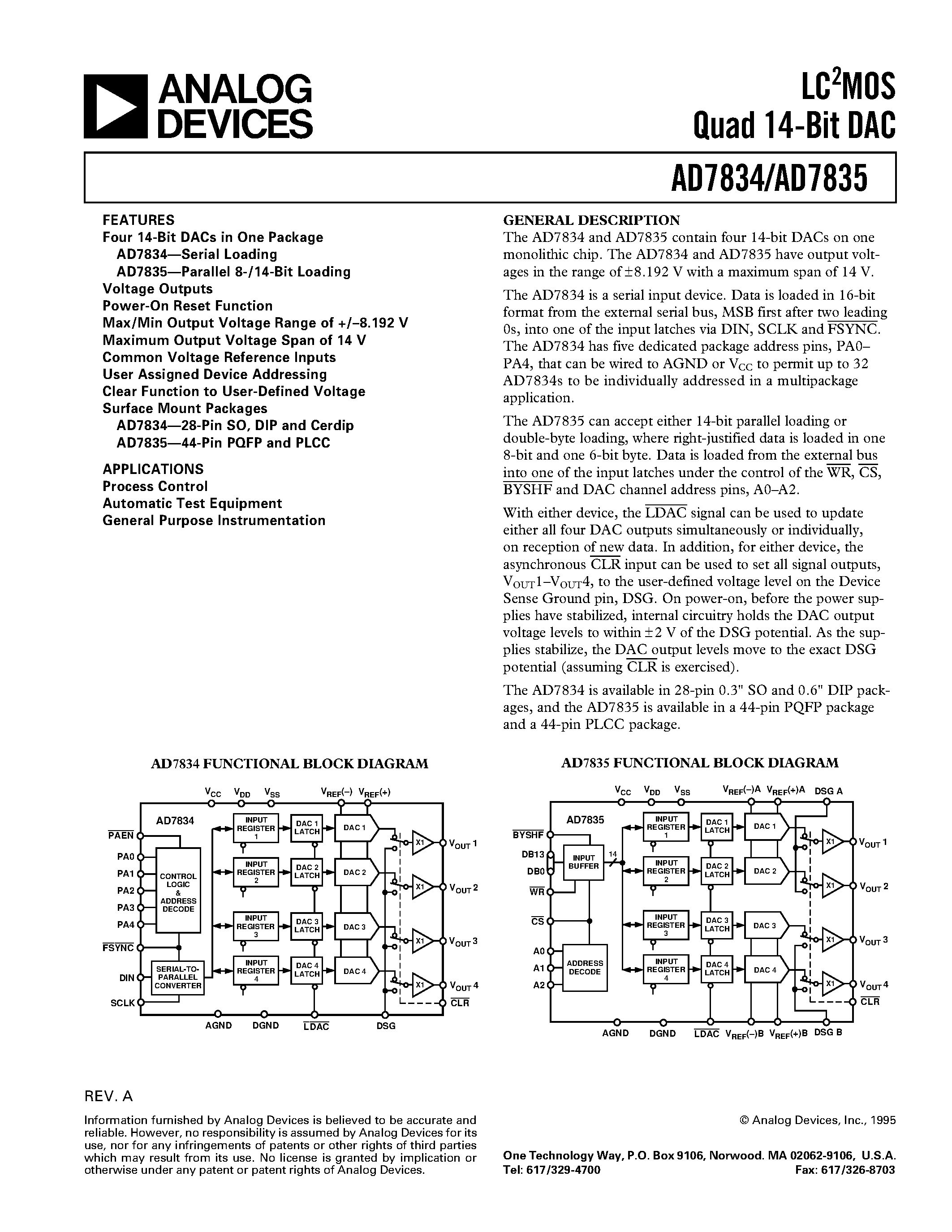 Даташит AD7834AN - LC2MOS Quad 14-Bit DAC страница 1