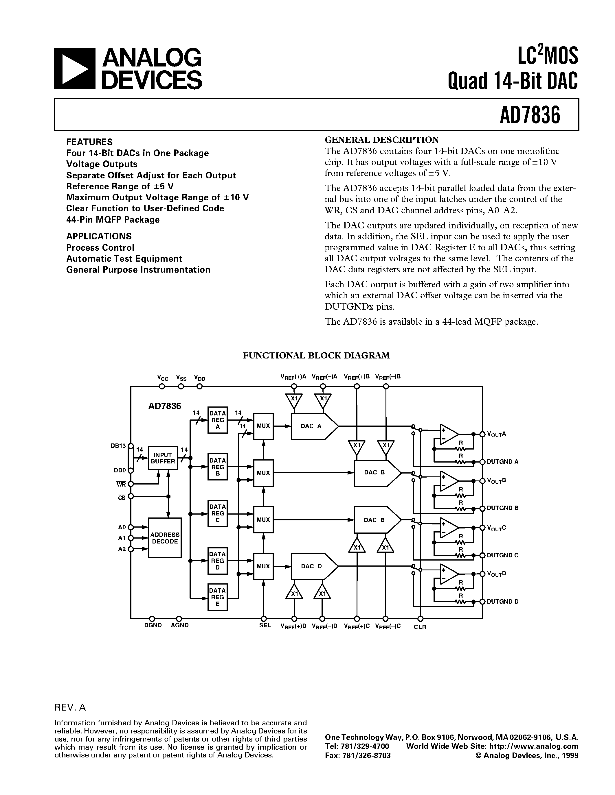 Даташит AD7836AS - LC2MOS Quad 14-Bit DAC страница 1