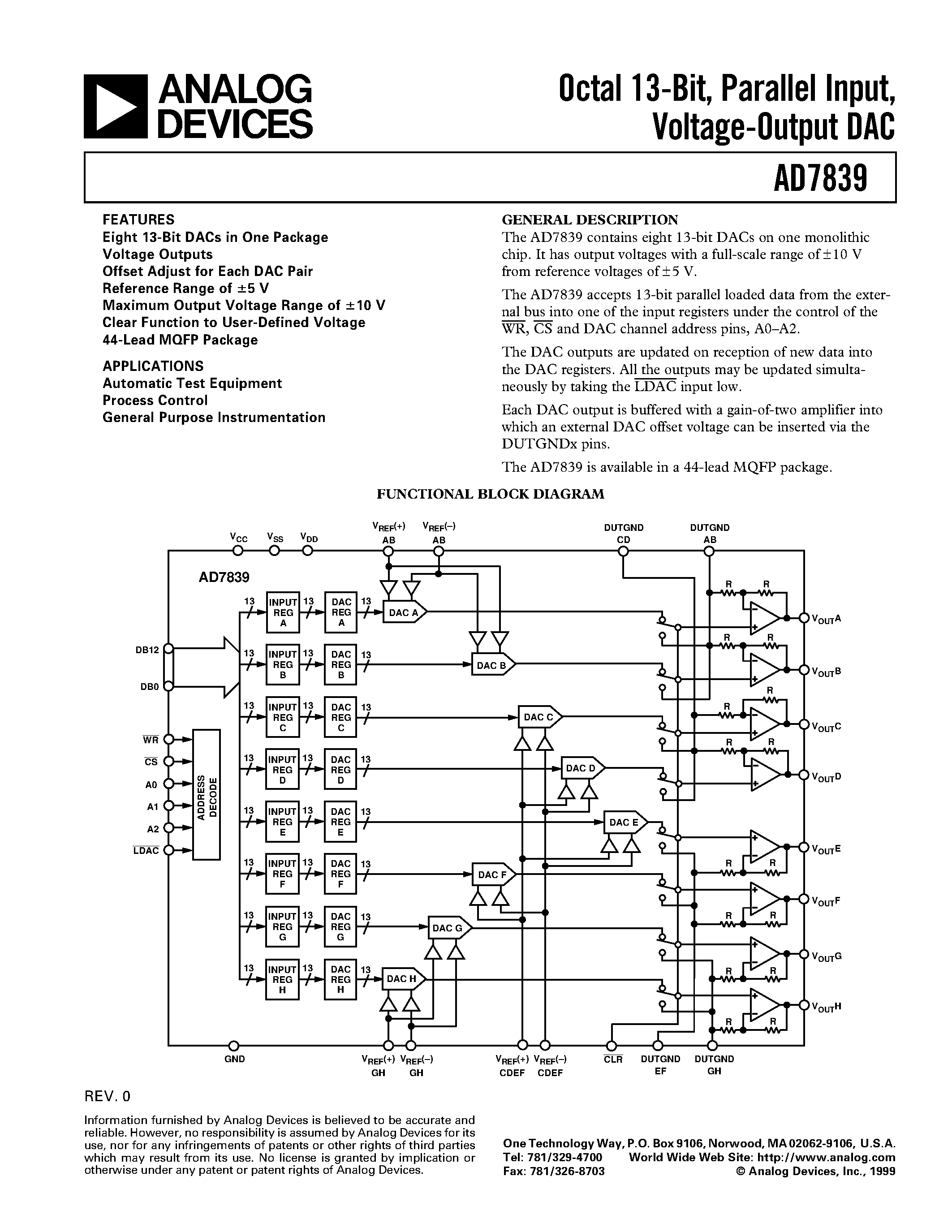Datasheet AD7839 - Octal 13-Bit/ Parallel Input/ Voltage-Output DAC page 1