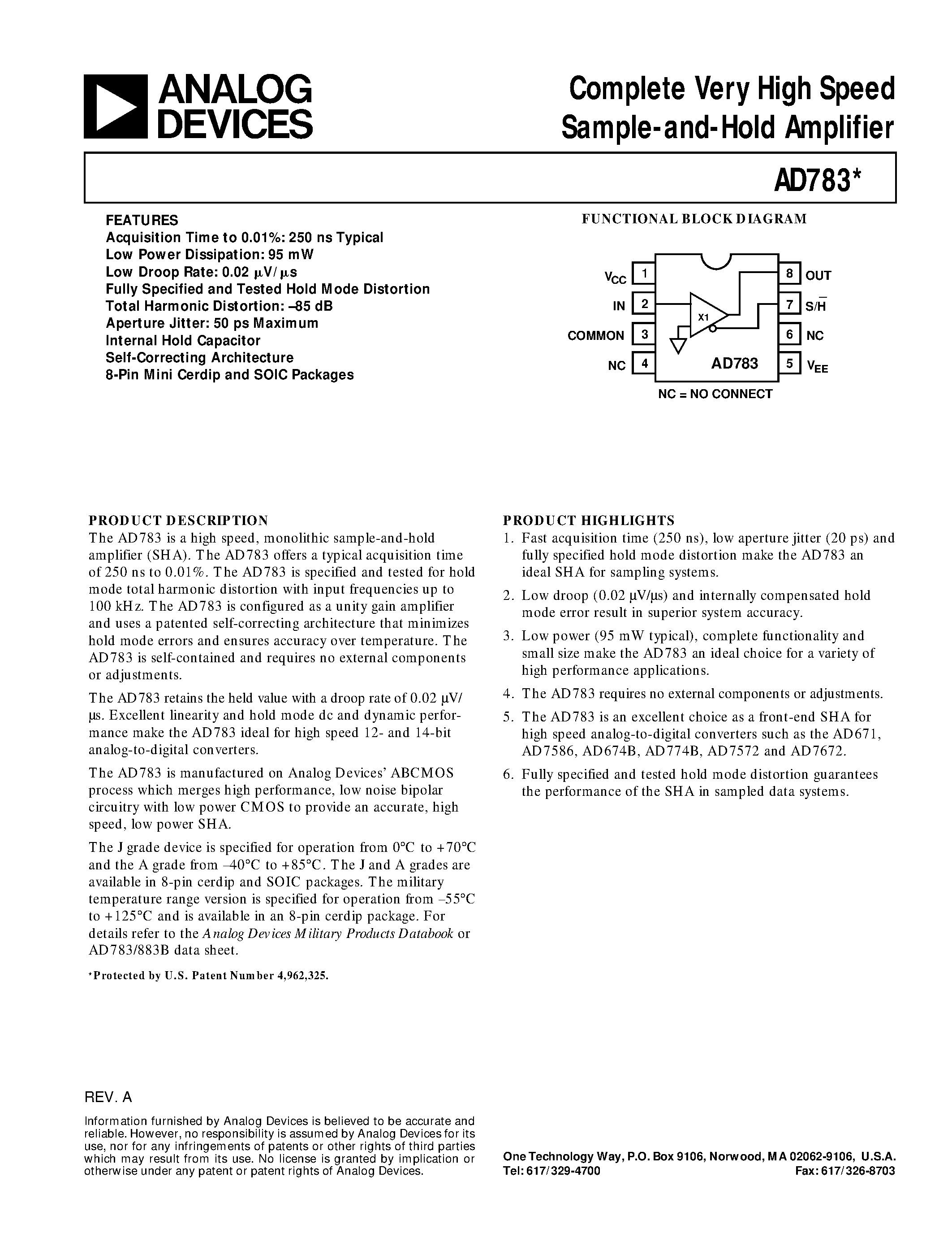 Datasheet AD783AQ - Complete Very High Speed Sample-and-Hold Amplifier page 1