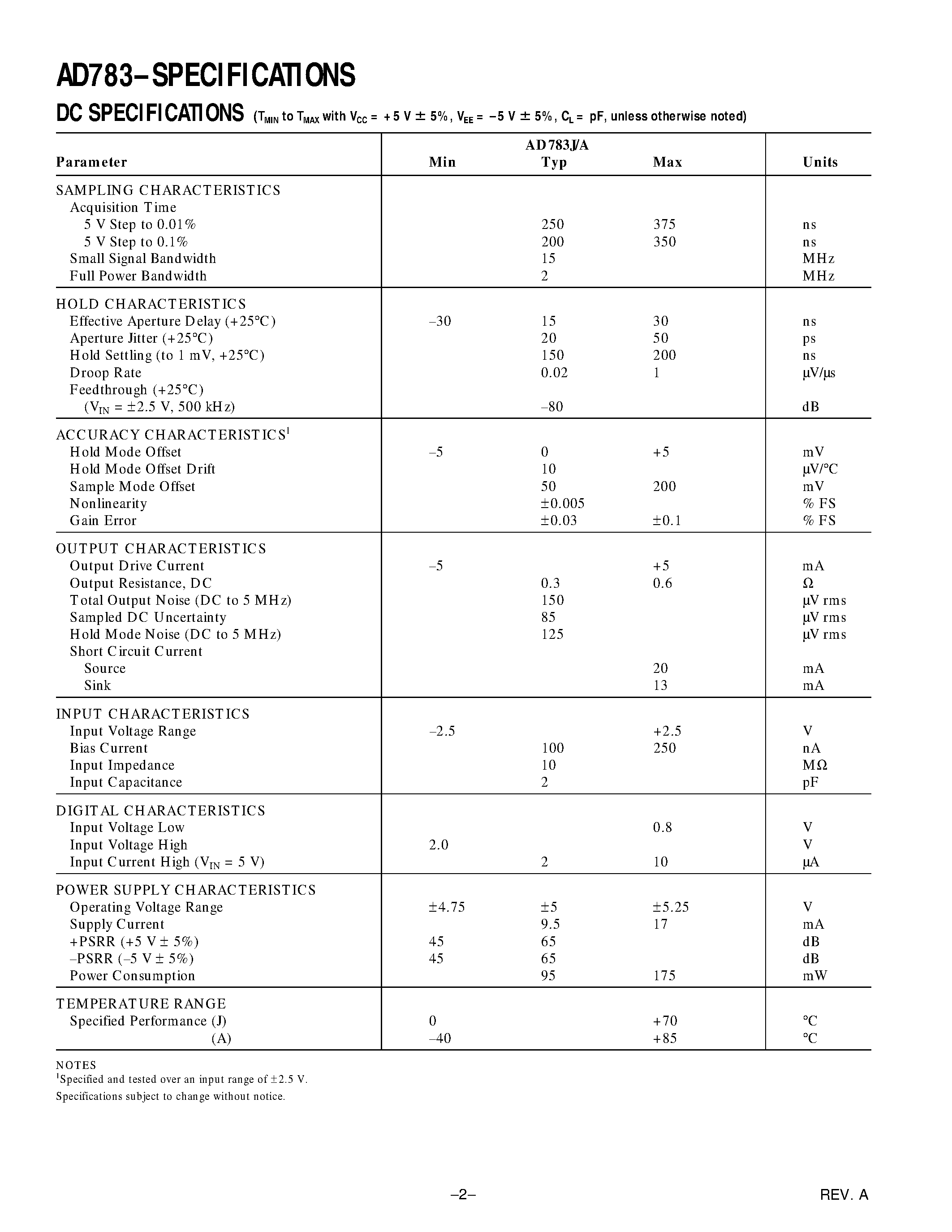 Datasheet AD783JR - Complete Very High Speed Sample-and-Hold Amplifier page 2