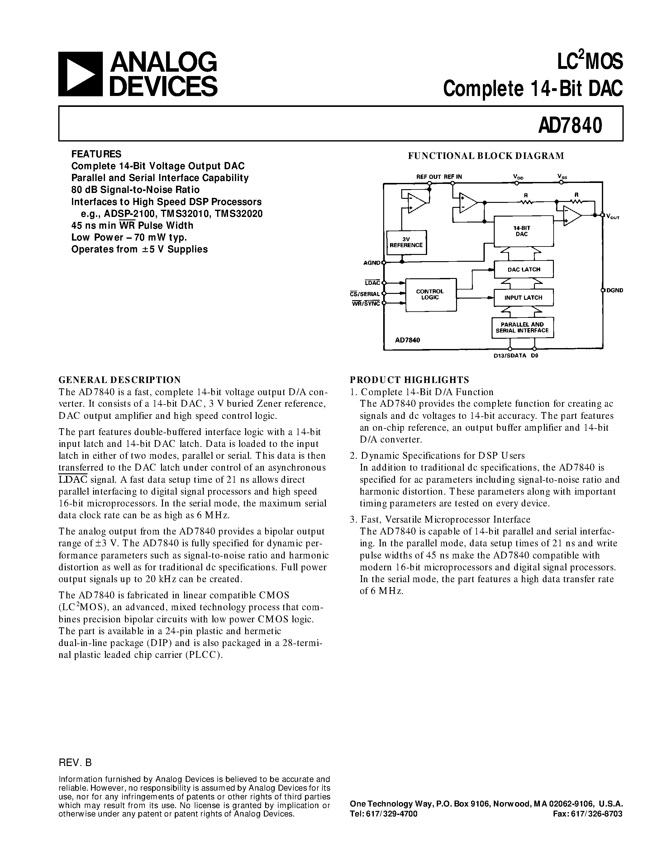 Даташит AD7840KN - LC2MOS Complete 14-Bit DAC страница 1