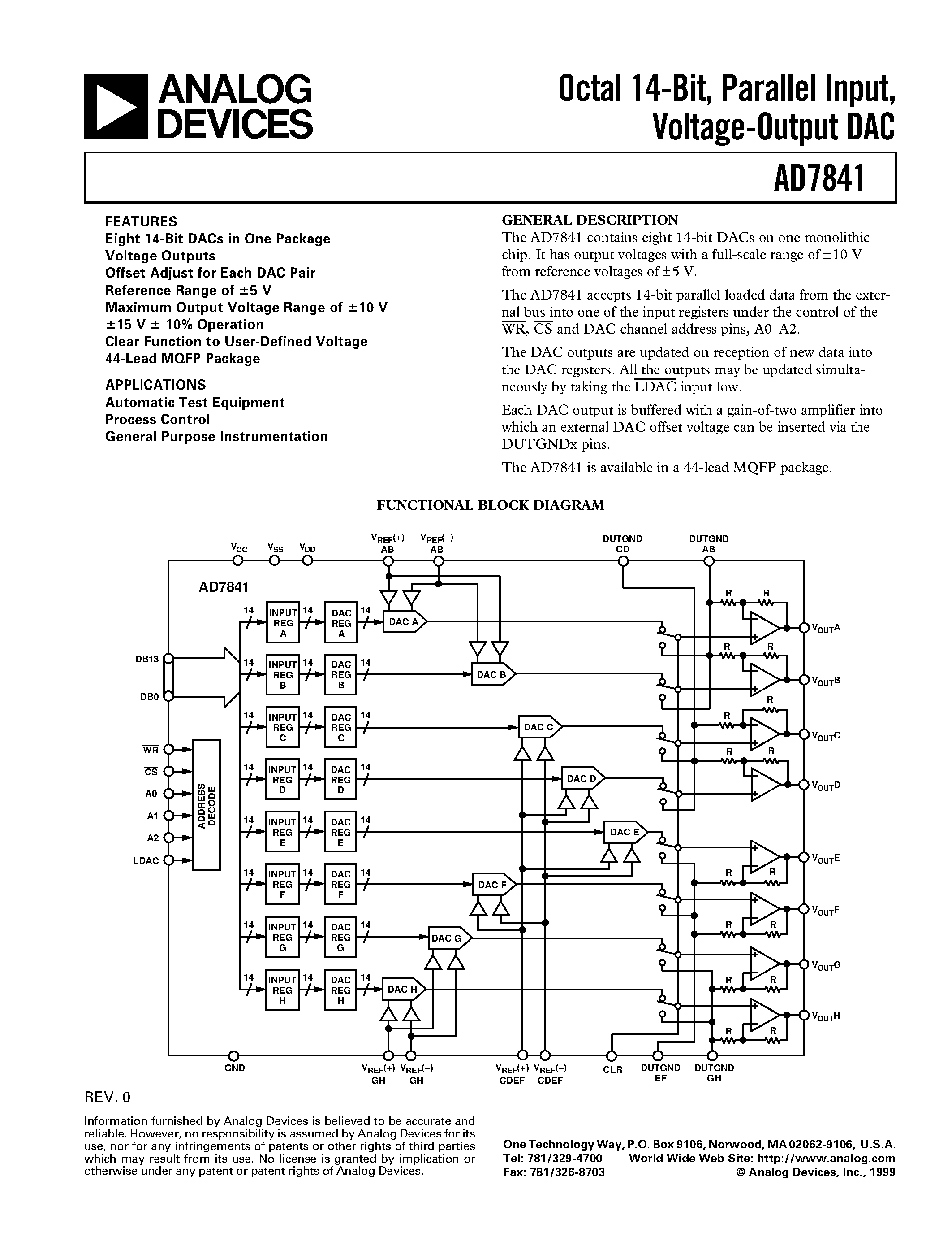 Datasheet AD7841AS - Octal 14-Bit/ Parallel Input/ Voltage-Output DAC page 1
