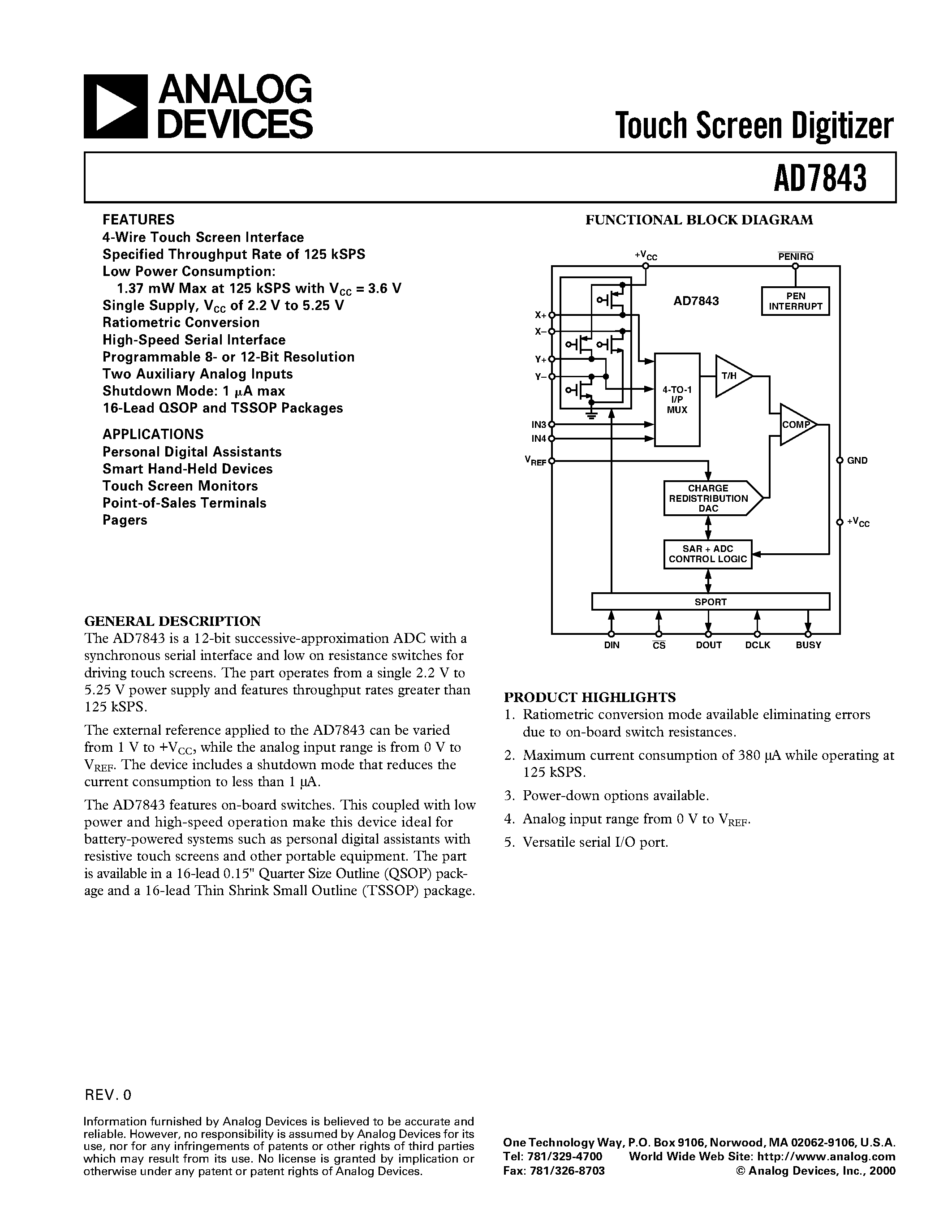 Datasheet AD7843 - Touch Screen Digitizer page 1