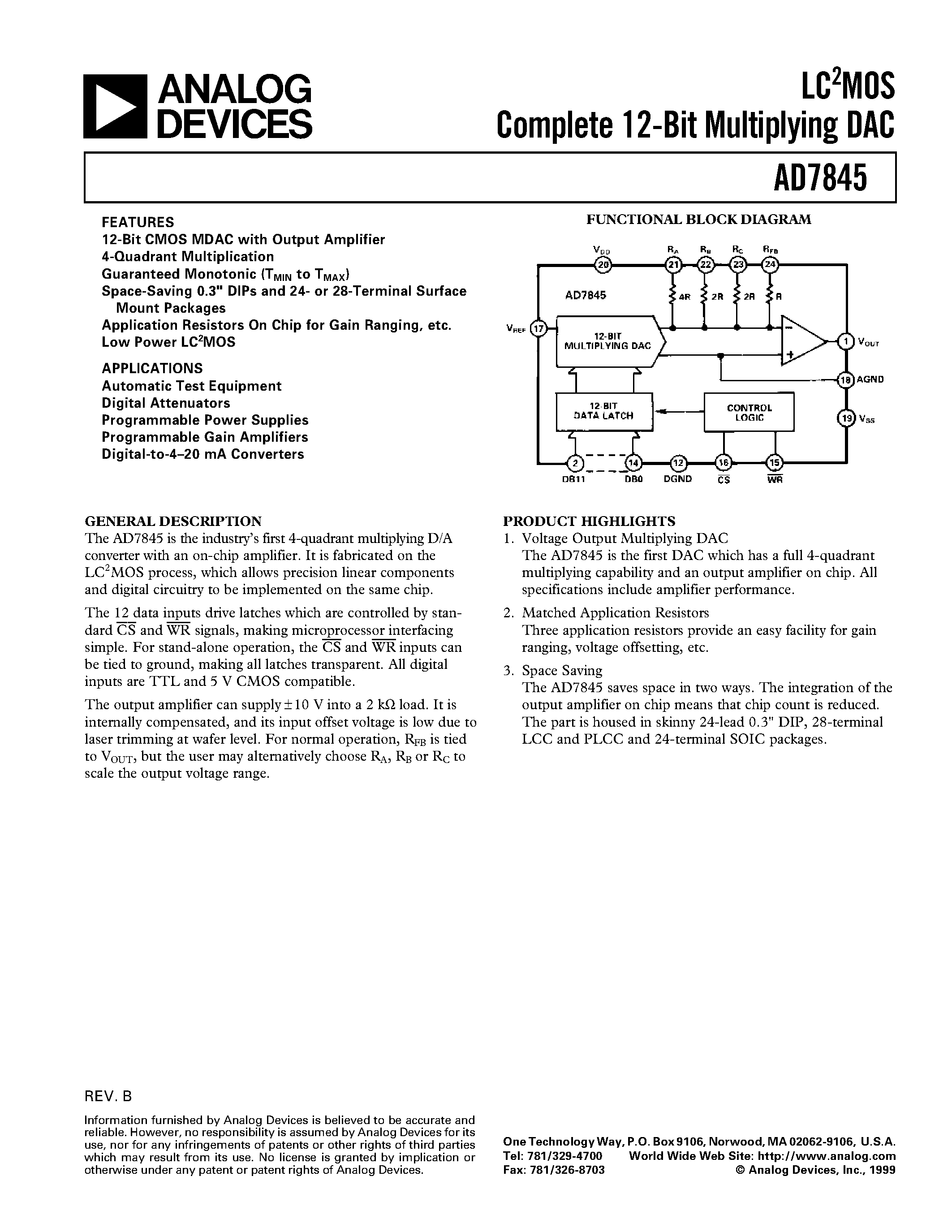 Даташит на микросхему AD7845AQ страница 1 Даташит AD7845AQ - LC2MOS Complete 12-Bit Multiplying DAC страница 1