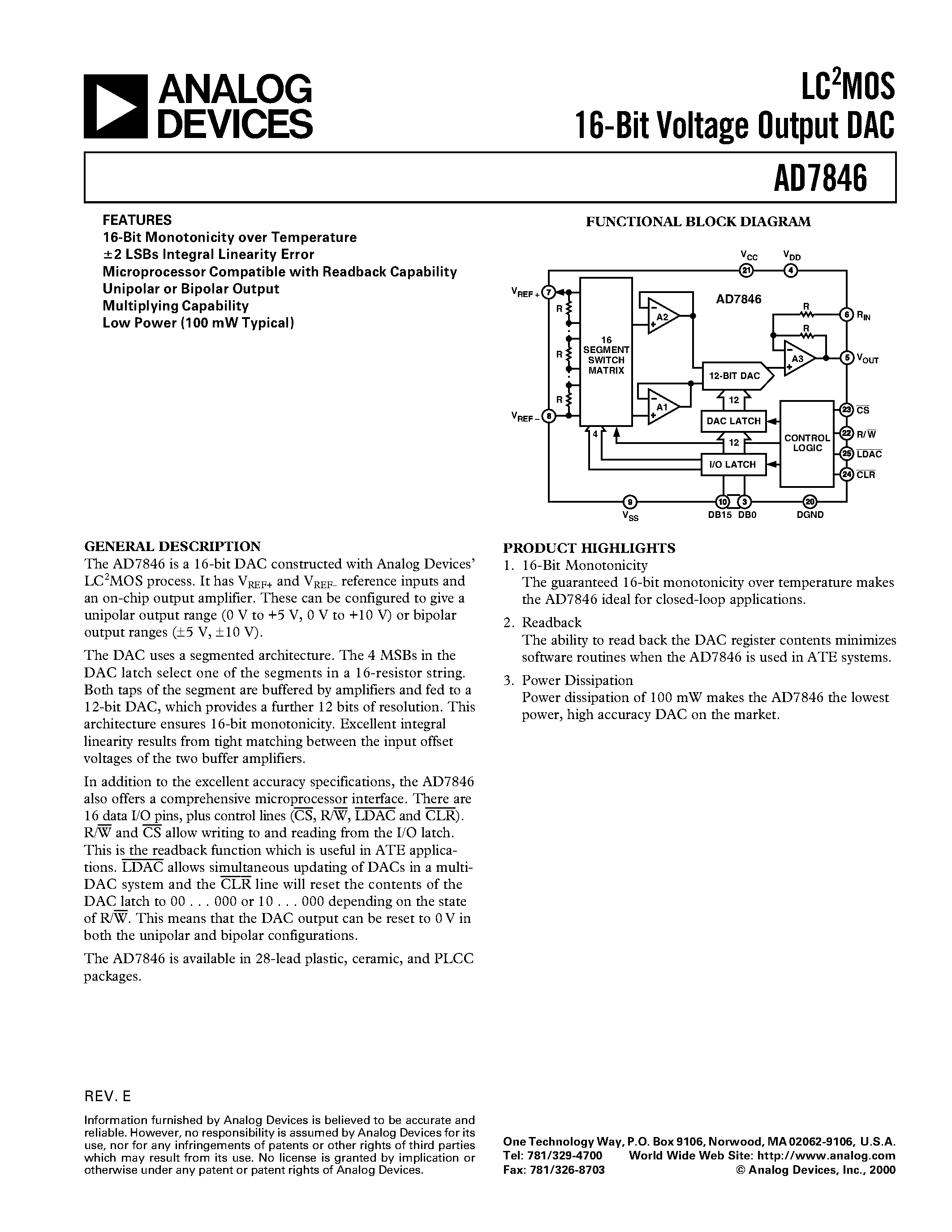 Даташит AD7846KP - LC2MOS 16-Bit Voltage Output DAC страница 1