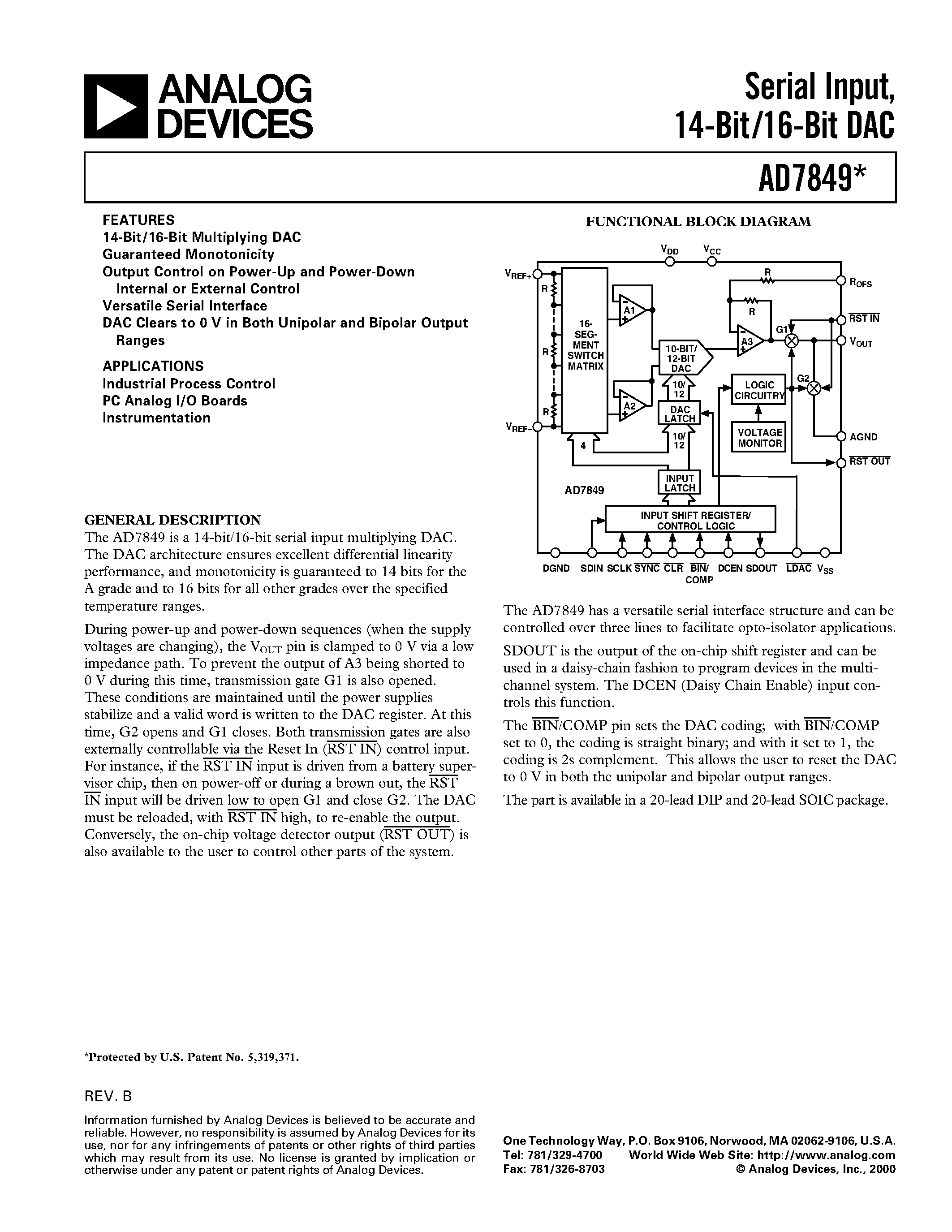 Datasheet AD7849 - Serial Input/ 14-Bit/16-Bit DAC page 1