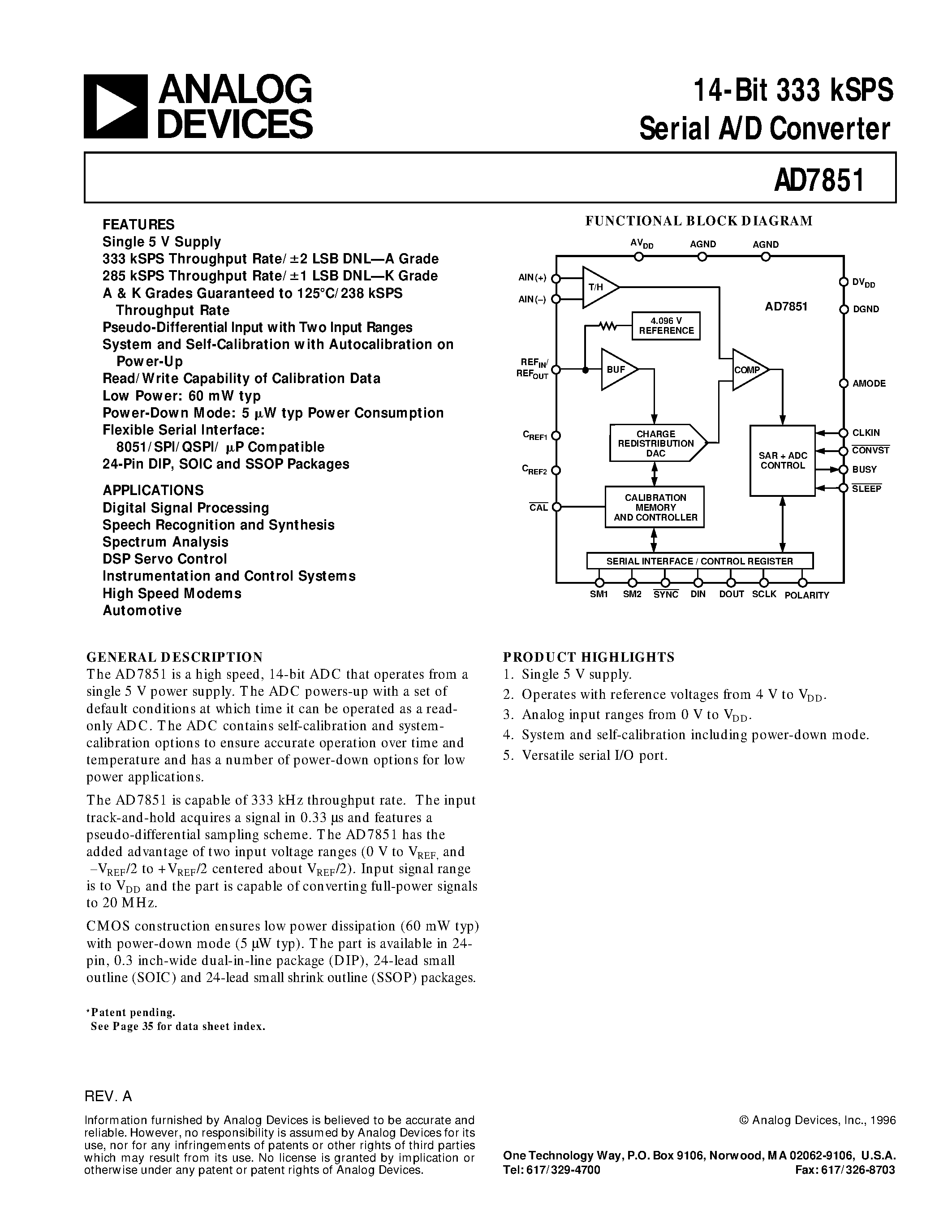Datasheet AD7851KR page 1 Datasheet AD7851KR - 14-Bit 333 kSPS Serial A/D Converter page 1