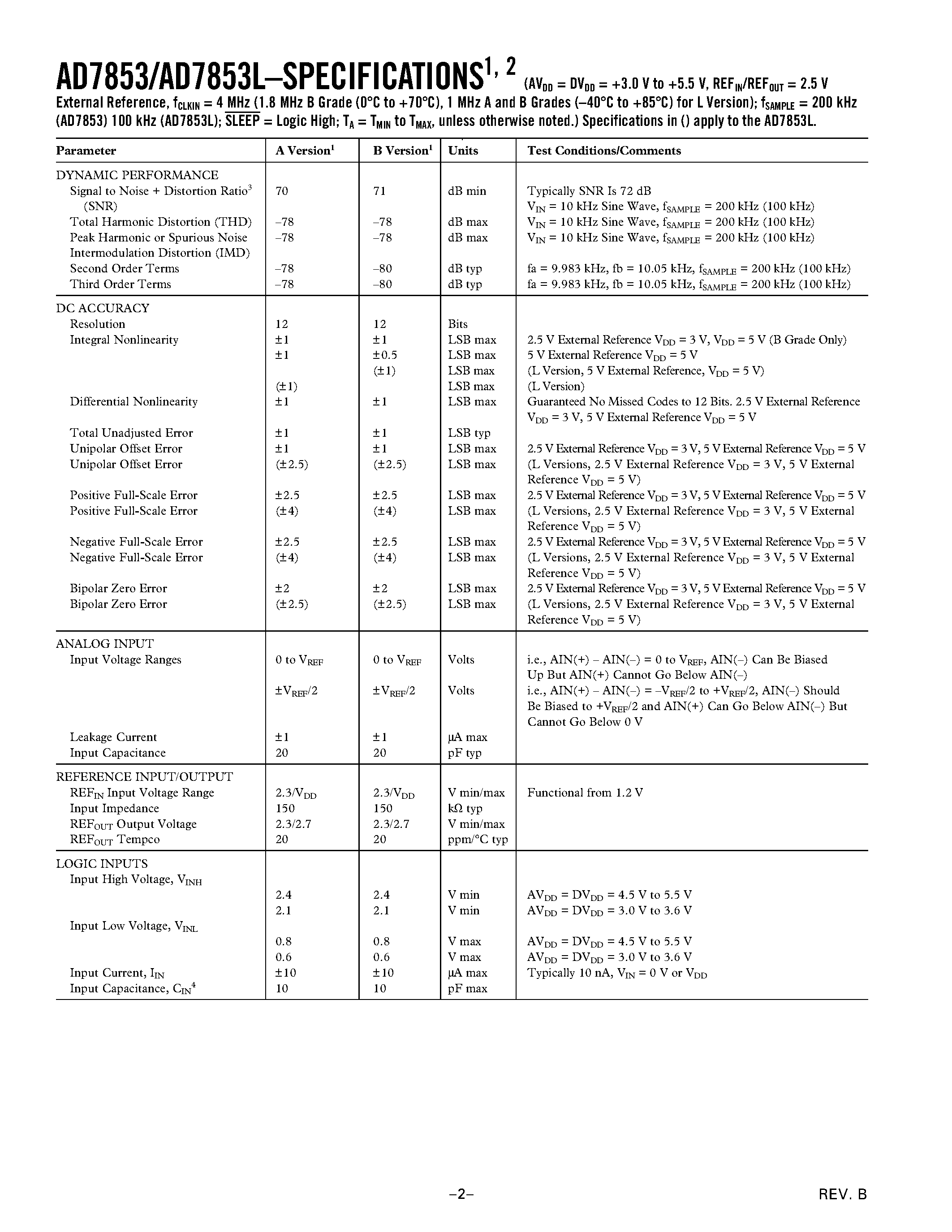 Datasheet AD7853LBR - 3 V to 5 V Single Supply/ 200 kSPS 12-Bit Sampling ADCs page 2