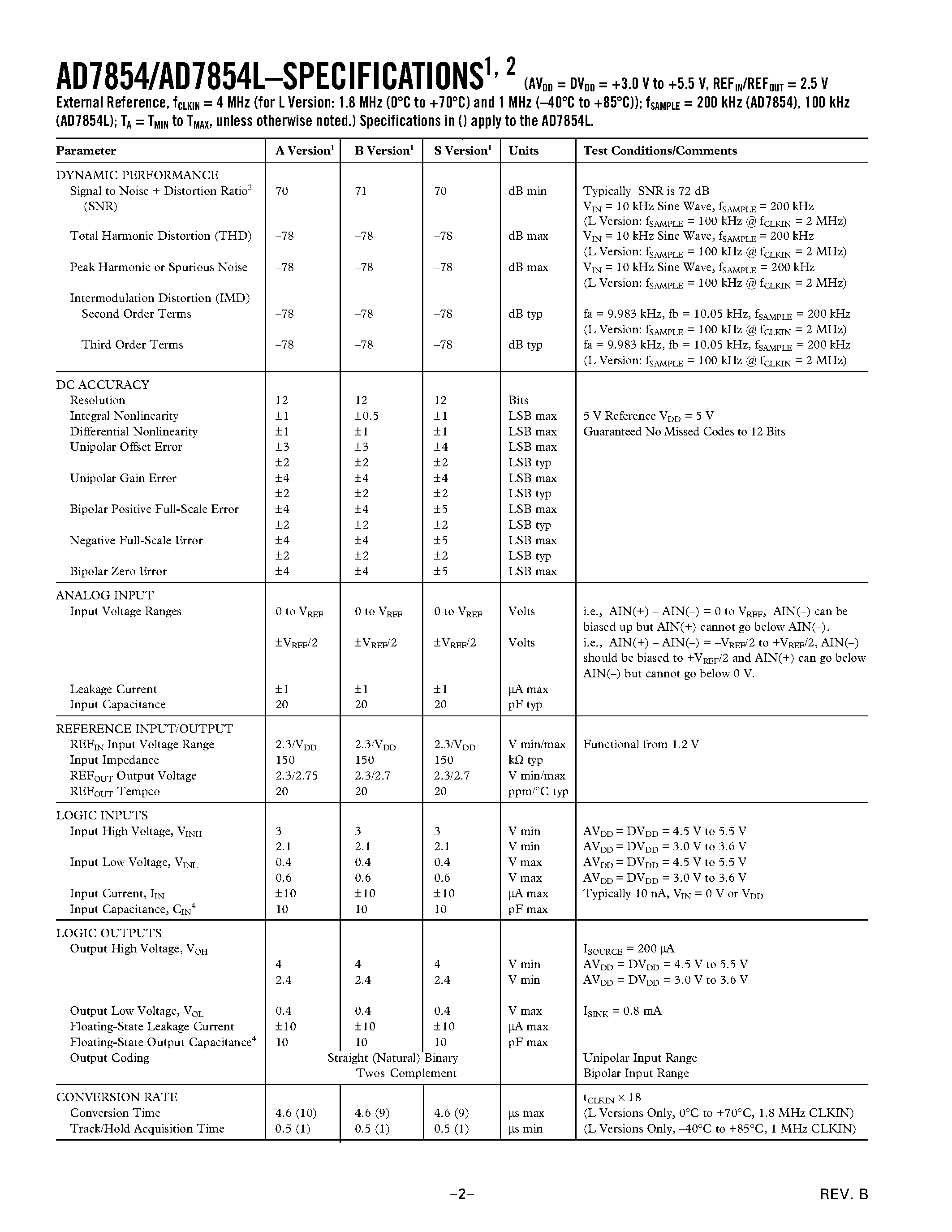 Datasheet AD7854AQ - 3 V to 5 V Single Supply/ 200 kSPS 12-Bit Sampling ADCs page 2