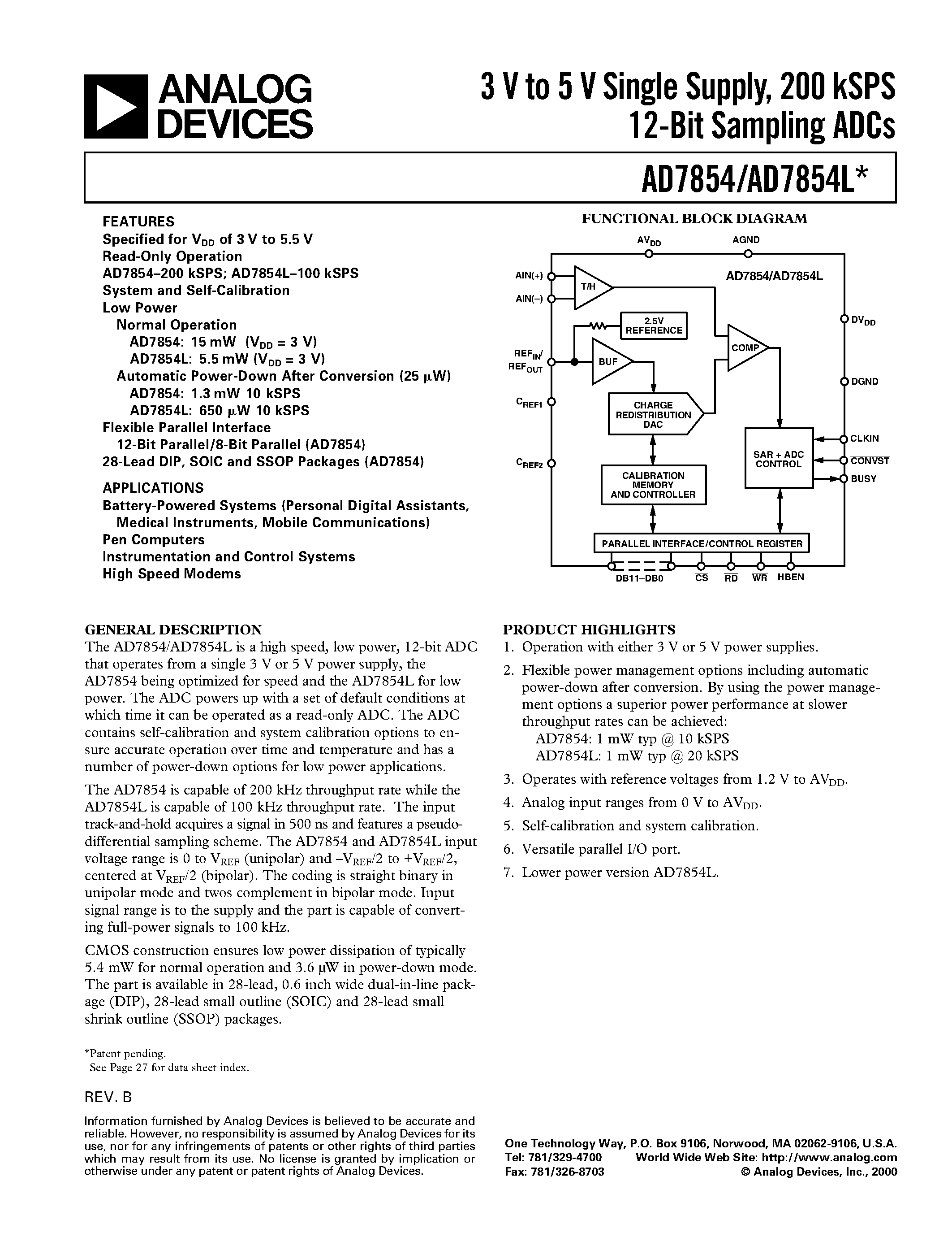 Datasheet AD7854LAR - 3 V to 5 V Single Supply/ 200 kSPS 12-Bit Sampling ADCs page 1