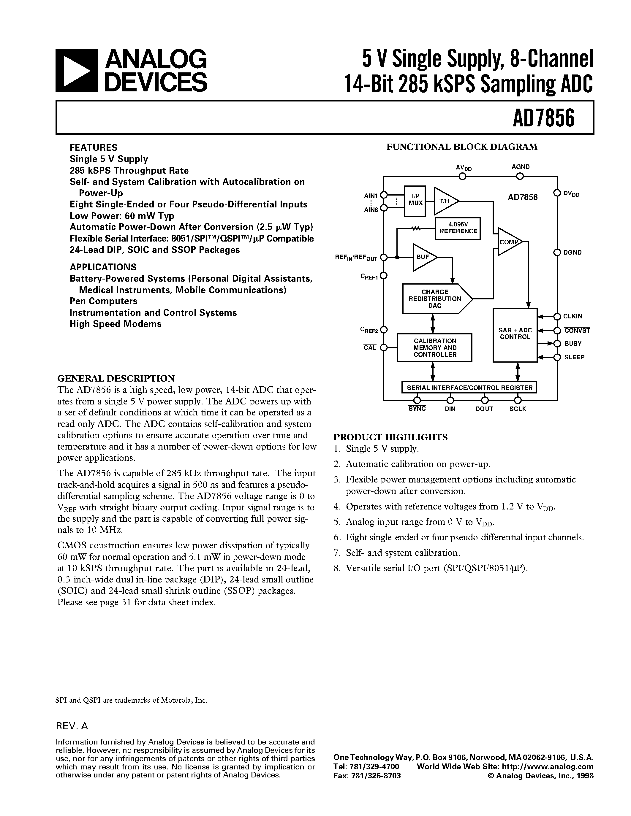 Datasheet AD7856KR - 5 V Single Supply/ 8-Channel 14-Bit 285 kSPS Sampling ADC page 1