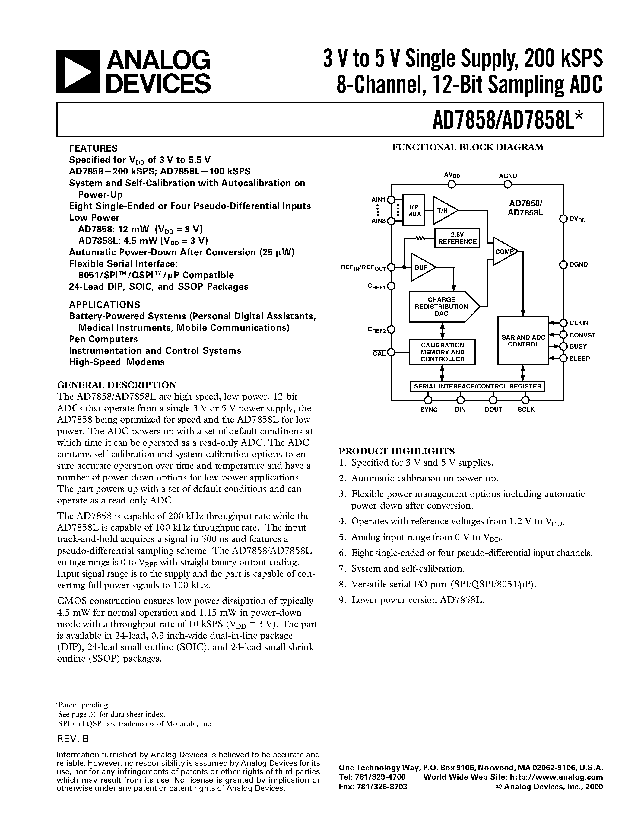Datasheet AD7858BN - 3 V to 5 V Single Supply/ 200 kSPS 8-Channel/ 12-Bit Sampling ADC page 1