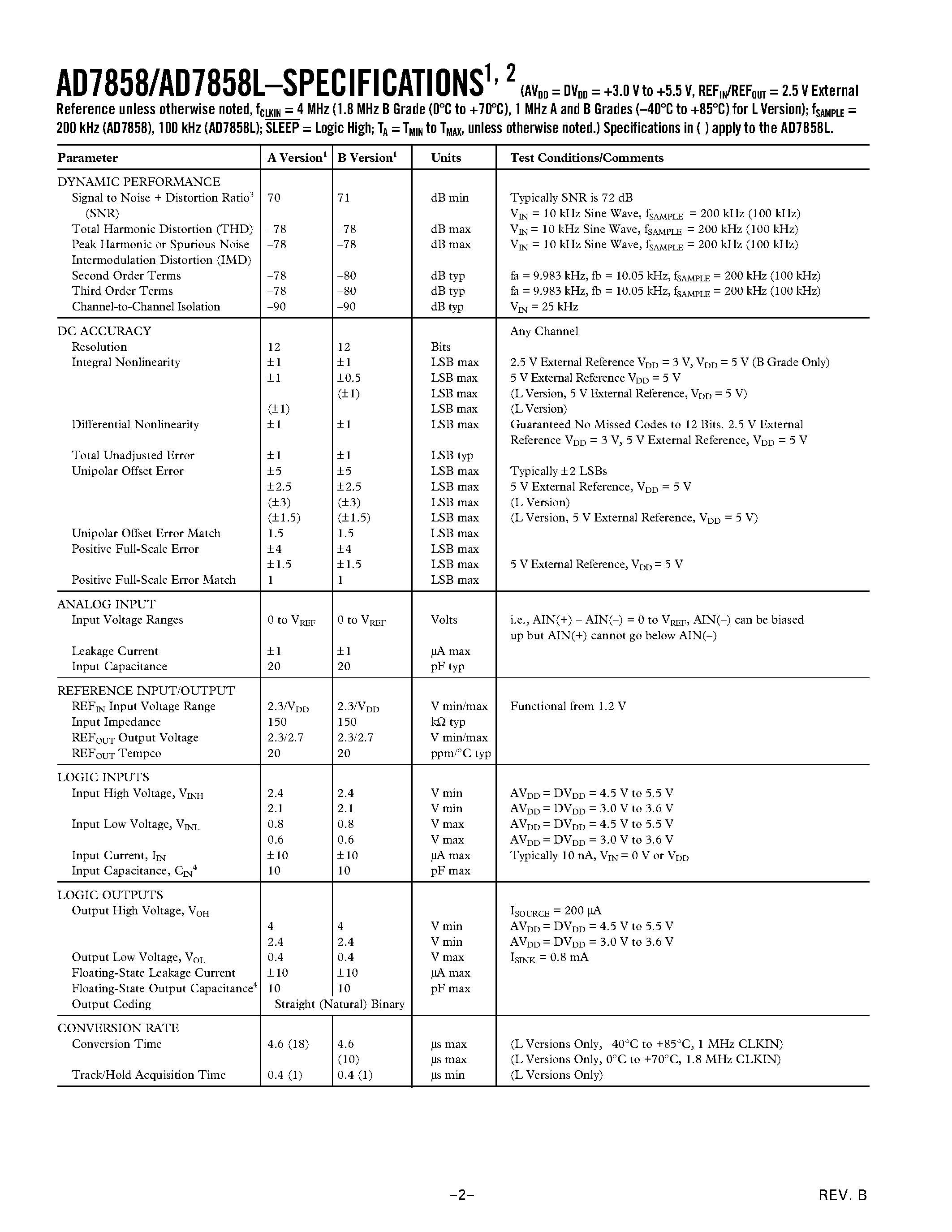 Datasheet AD7858LBN - 3 V to 5 V Single Supply/ 200 kSPS 8-Channel/ 12-Bit Sampling ADC page 2