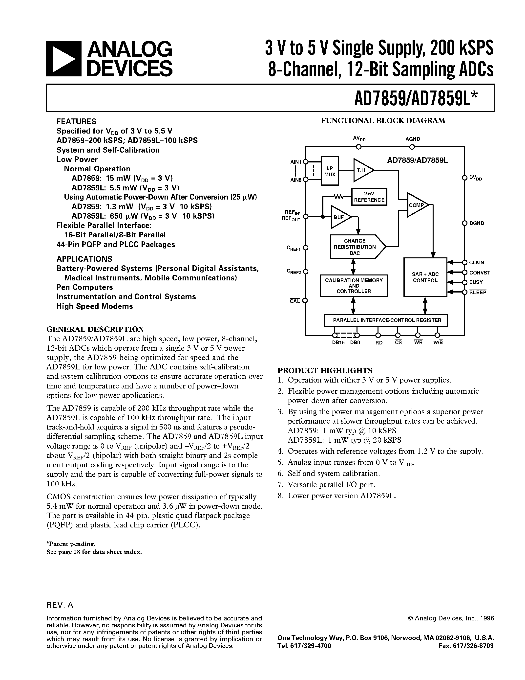 Datasheet AD7859 - 3 V to 5 V Single Supply/ 200 kSPS 8-Channel/ 12-Bit Sampling ADCs page 1