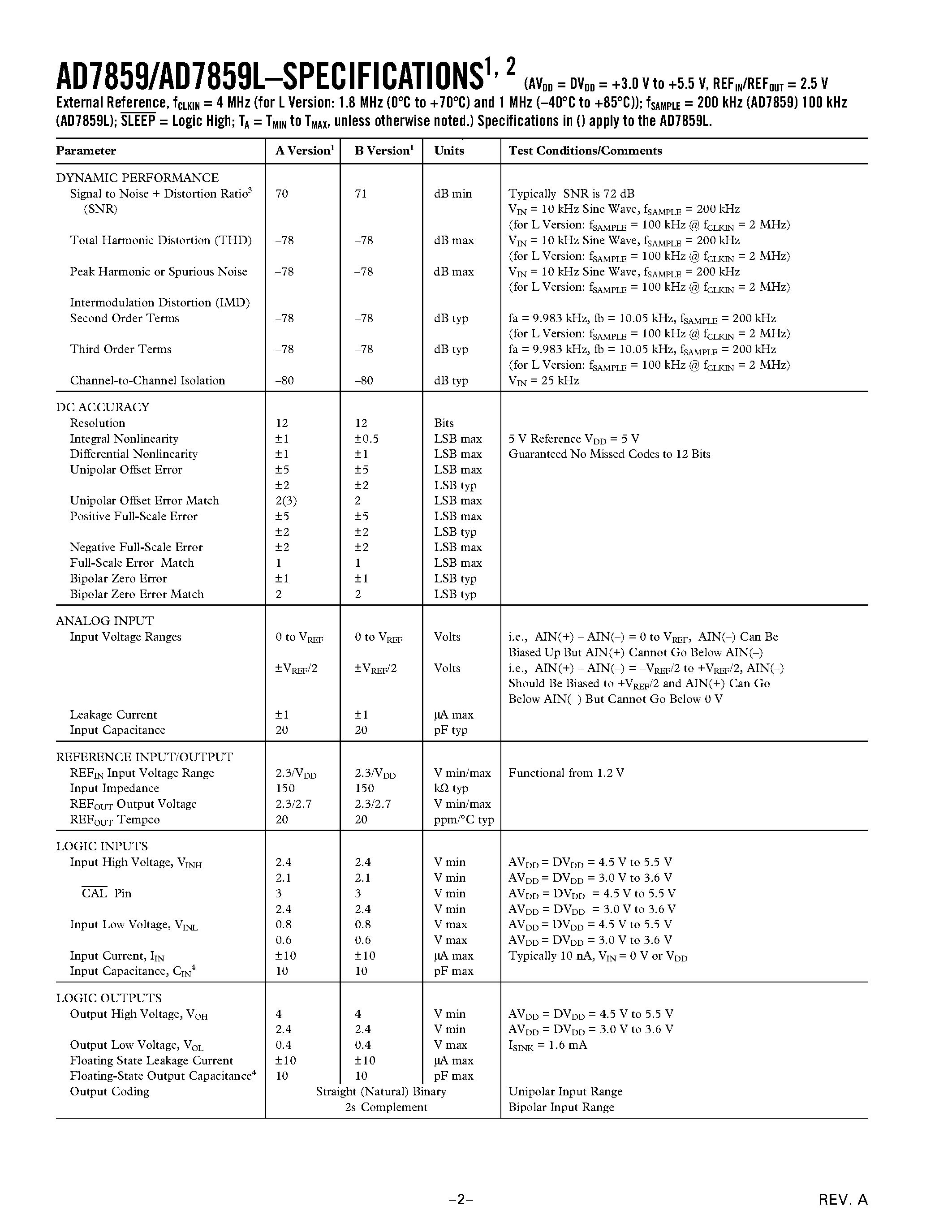 Datasheet AD7859AP - 3 V to 5 V Single Supply/ 200 kSPS 8-Channel/ 12-Bit Sampling ADCs page 2