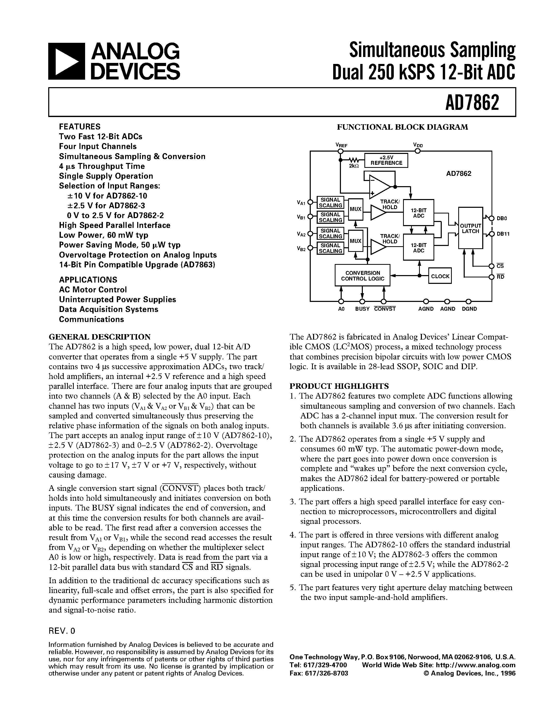 Datasheet AD7862ARS-3 - Simultaneous Sampling Dual 250 kSPS 12-Bit ADC page 1