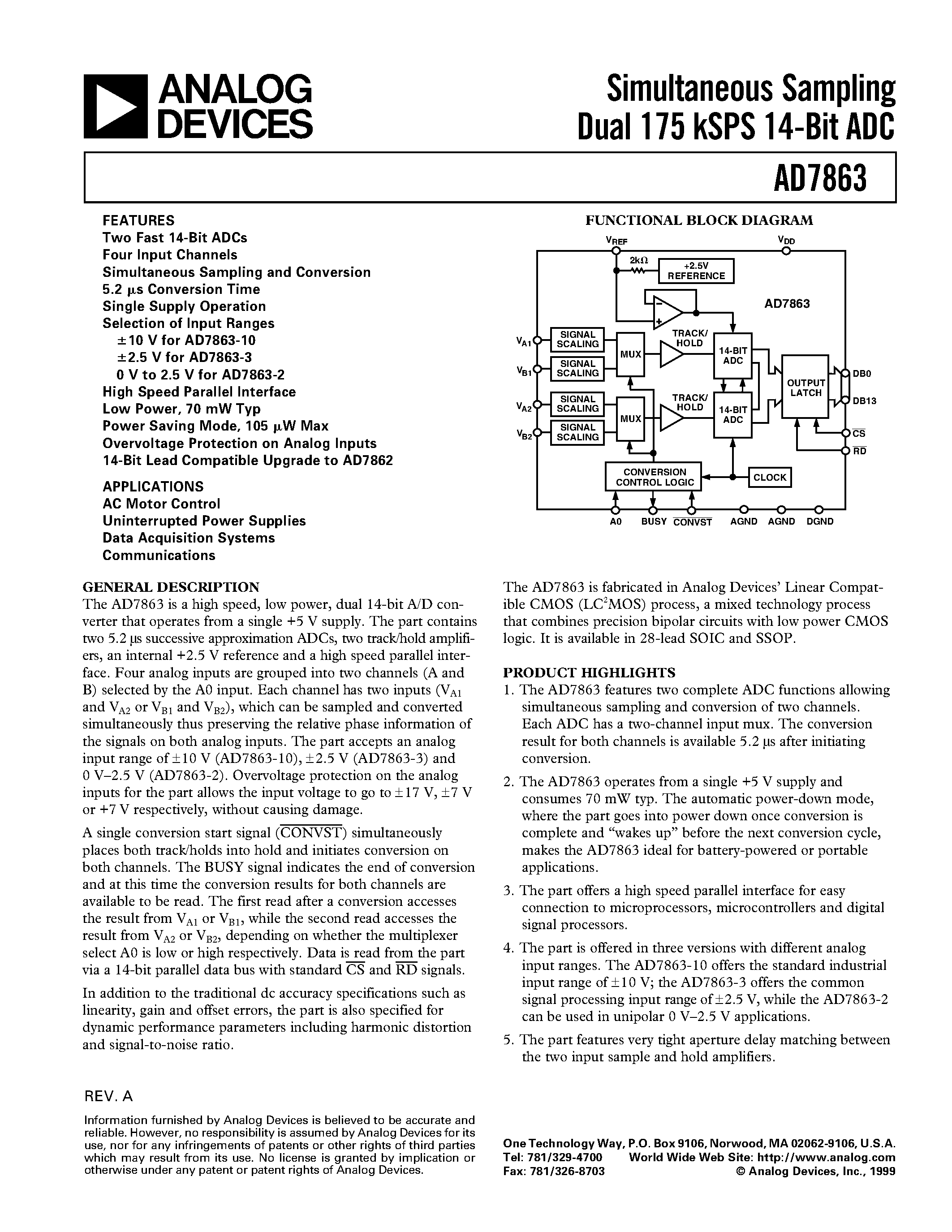 Datasheet AD7863AR-10 - Simultaneous Sampling Dual 175 kSPS 14-Bit ADC page 1