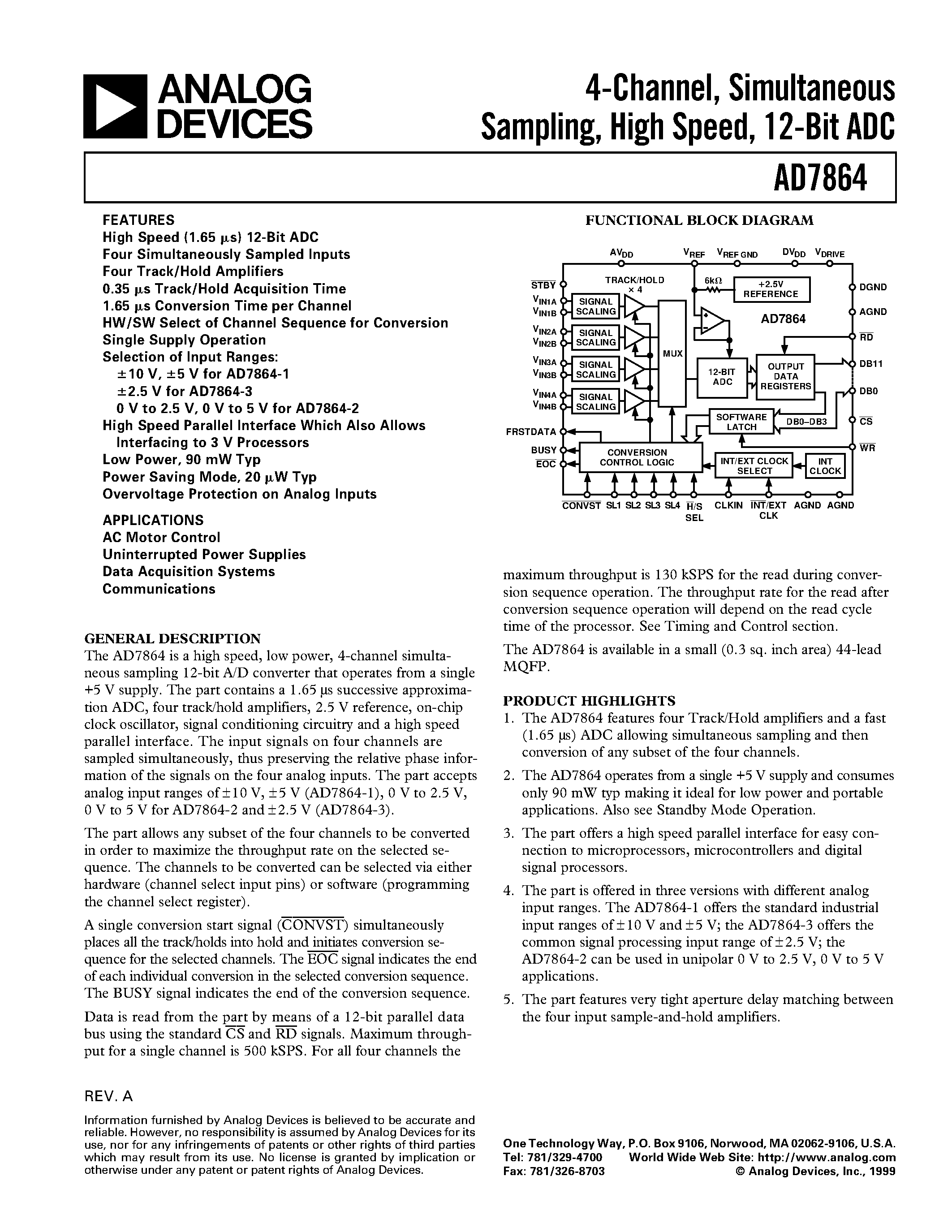 Datasheet AD7864AS-3 - 4-Channel/ Simultaneous Sampling/ High Speed/ 12-Bit ADC page 1