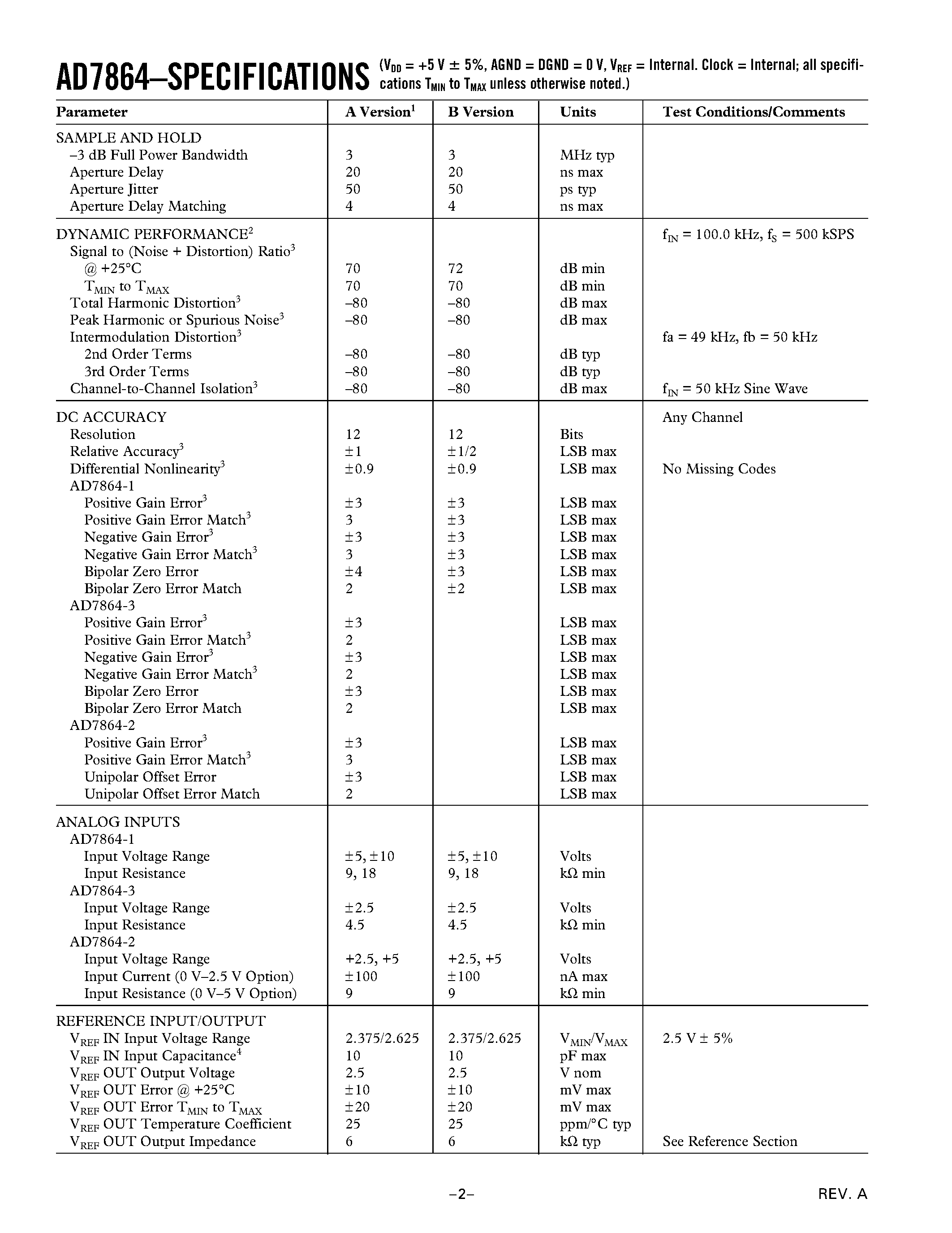 Datasheet AD7864AS-3 - 4-Channel/ Simultaneous Sampling/ High Speed/ 12-Bit ADC page 2