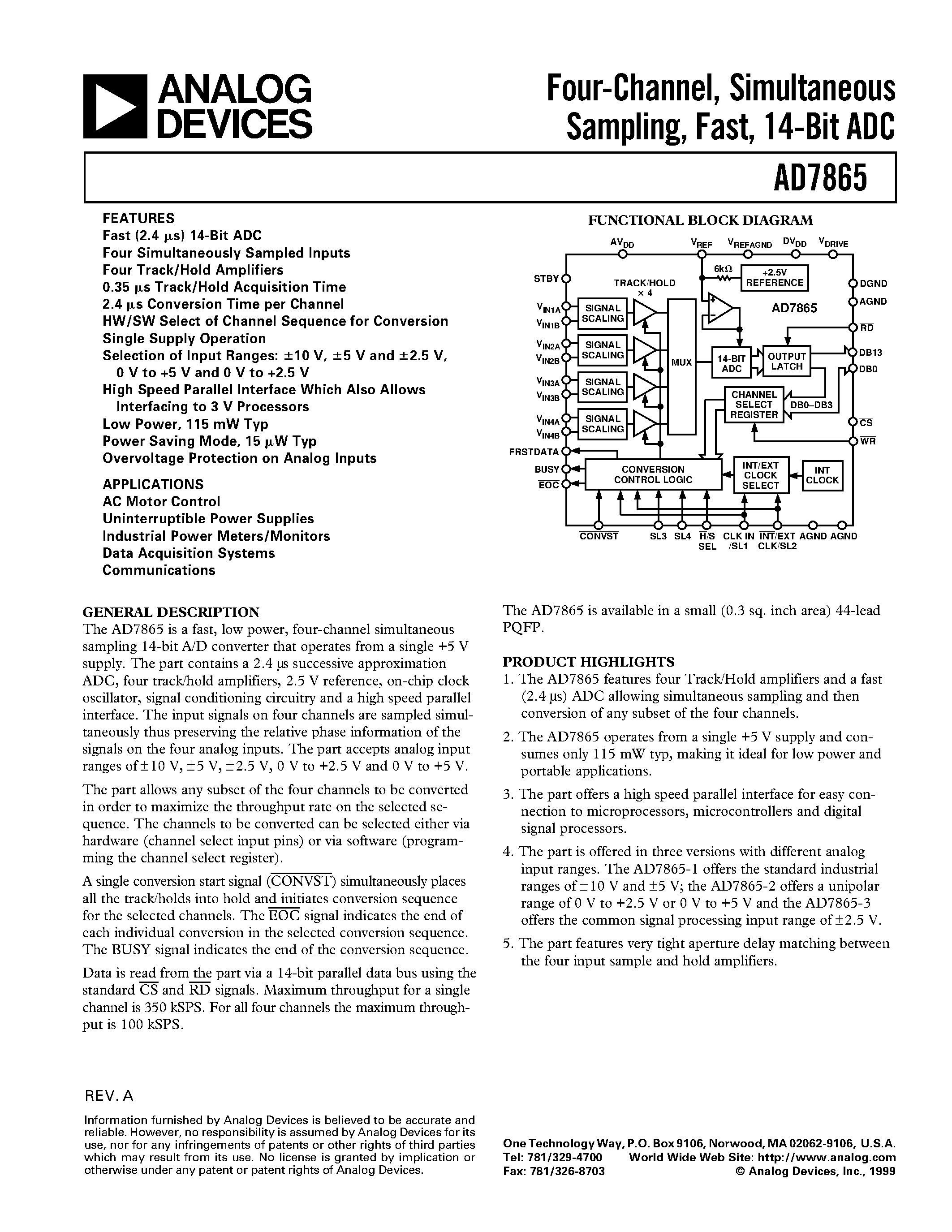 Datasheet AD7865AS-2 - Four-Channel/ Simultaneous Sampling/ Fast/ 14-Bit ADC page 1