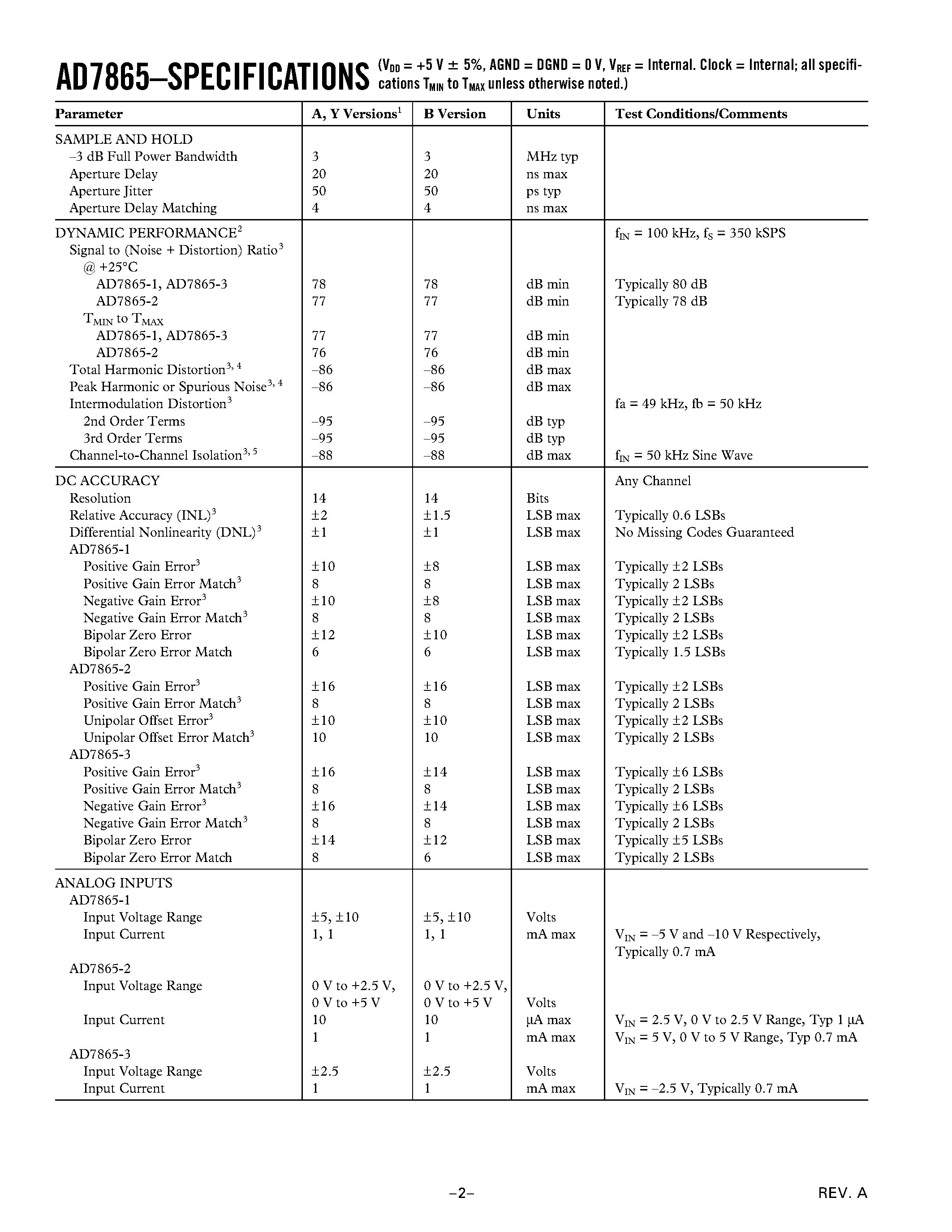 Datasheet AD7865AS-2 - Four-Channel/ Simultaneous Sampling/ Fast/ 14-Bit ADC page 2