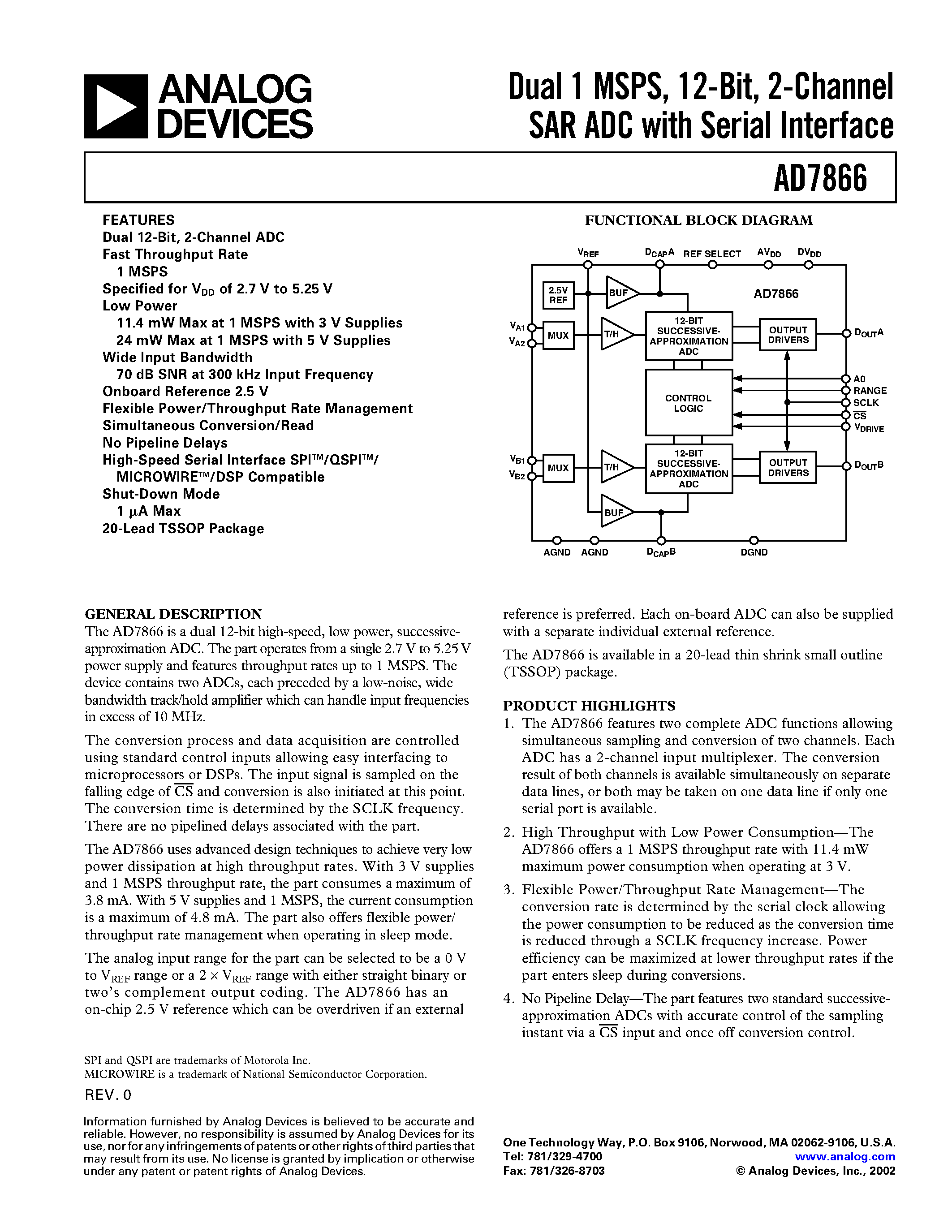 Datasheet AD7866 - Dual 1 MSPS/ 12-Bit/ 2-Channel SAR ADC with Serial Interface page 1