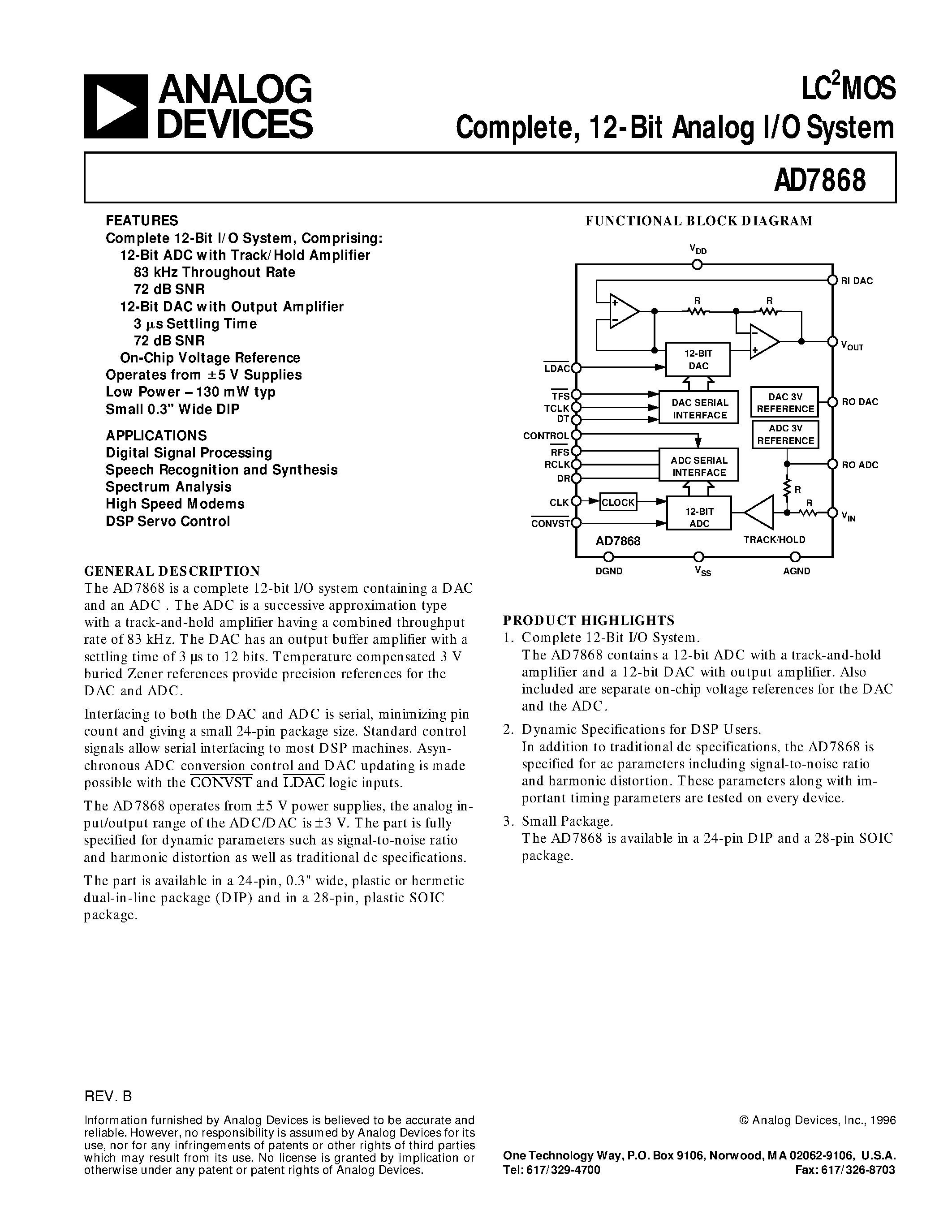 Datasheet AD7868BN - LC2MOS Complete/ 12-Bit Analog I/O System page 1