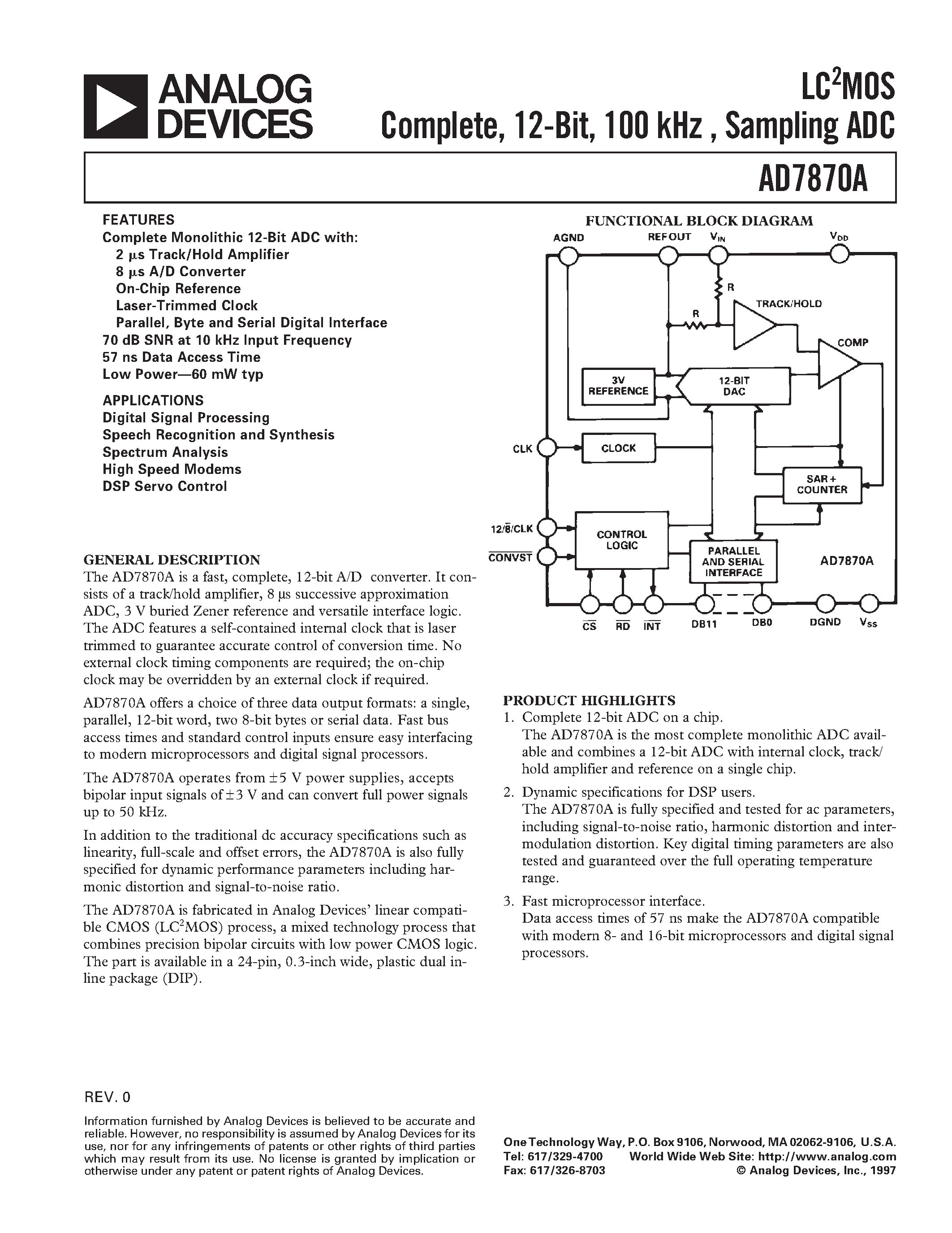 Даташит AD7870AJN - LC2MOS Complete/ 12-Bit/ 100 kHz / Sampling ADC страница 1