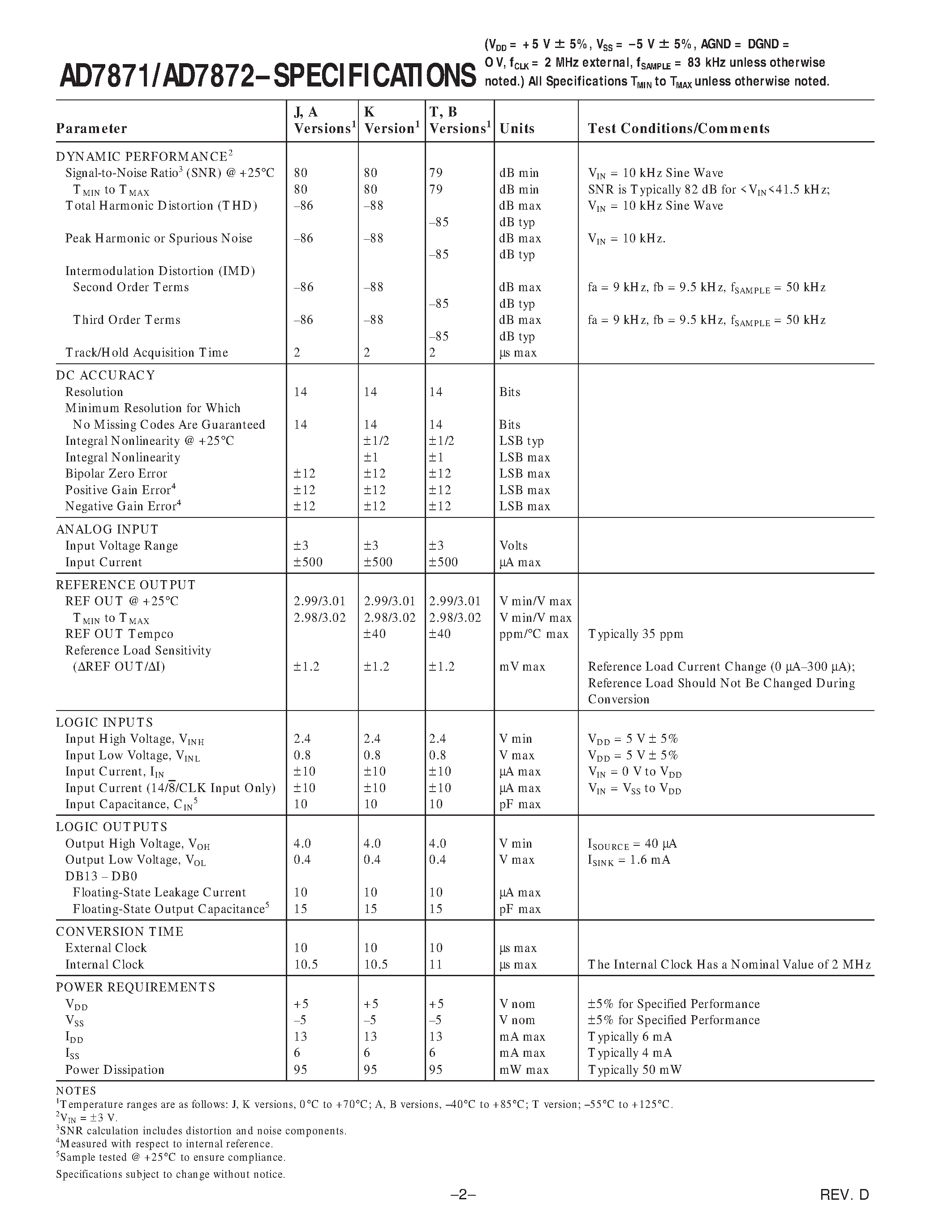 Даташит AD7871 - LC2MOS Complete 14-Bit/ Sampling ADCs страница 2