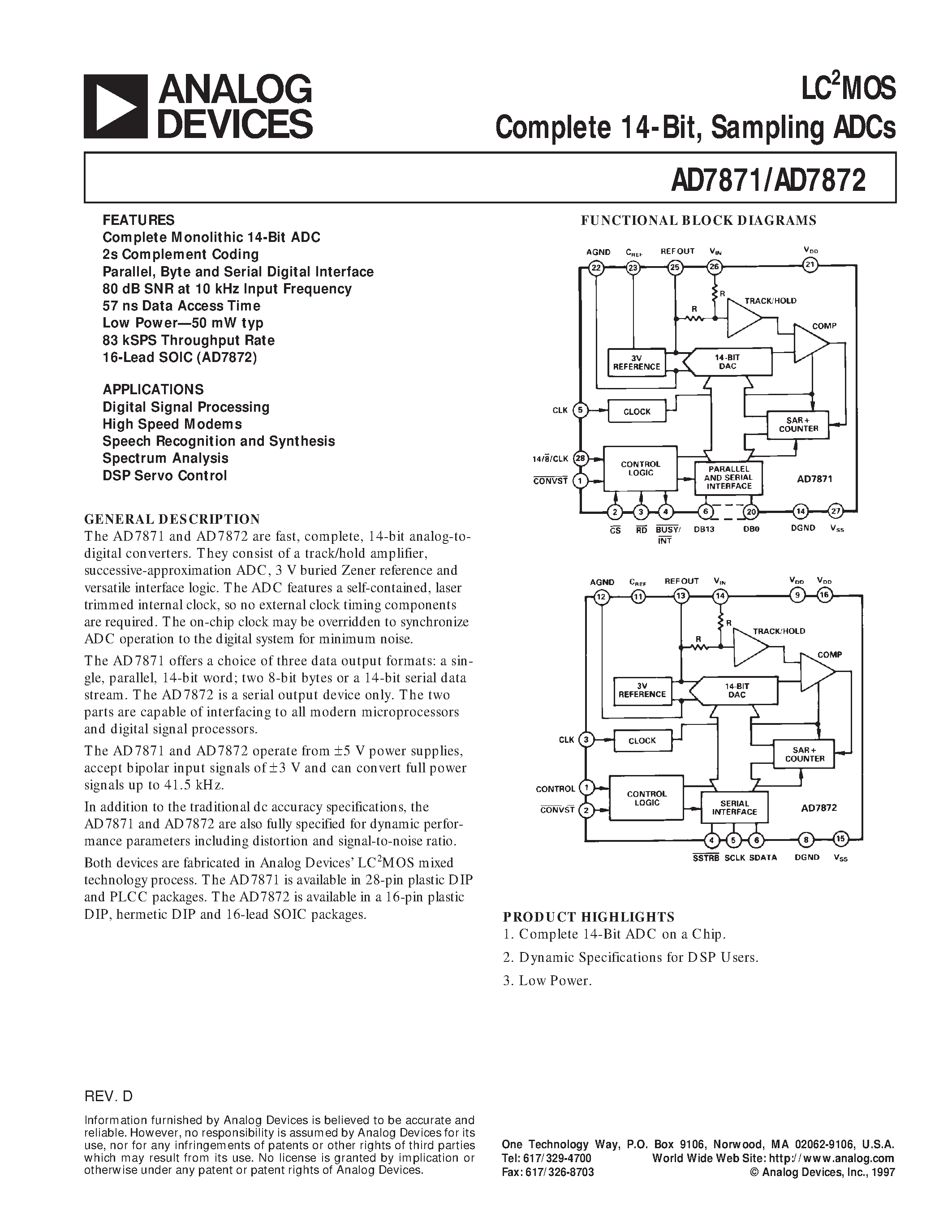 Даташит AD7872AN - LC2MOS Complete 14-Bit/ Sampling ADCs страница 1