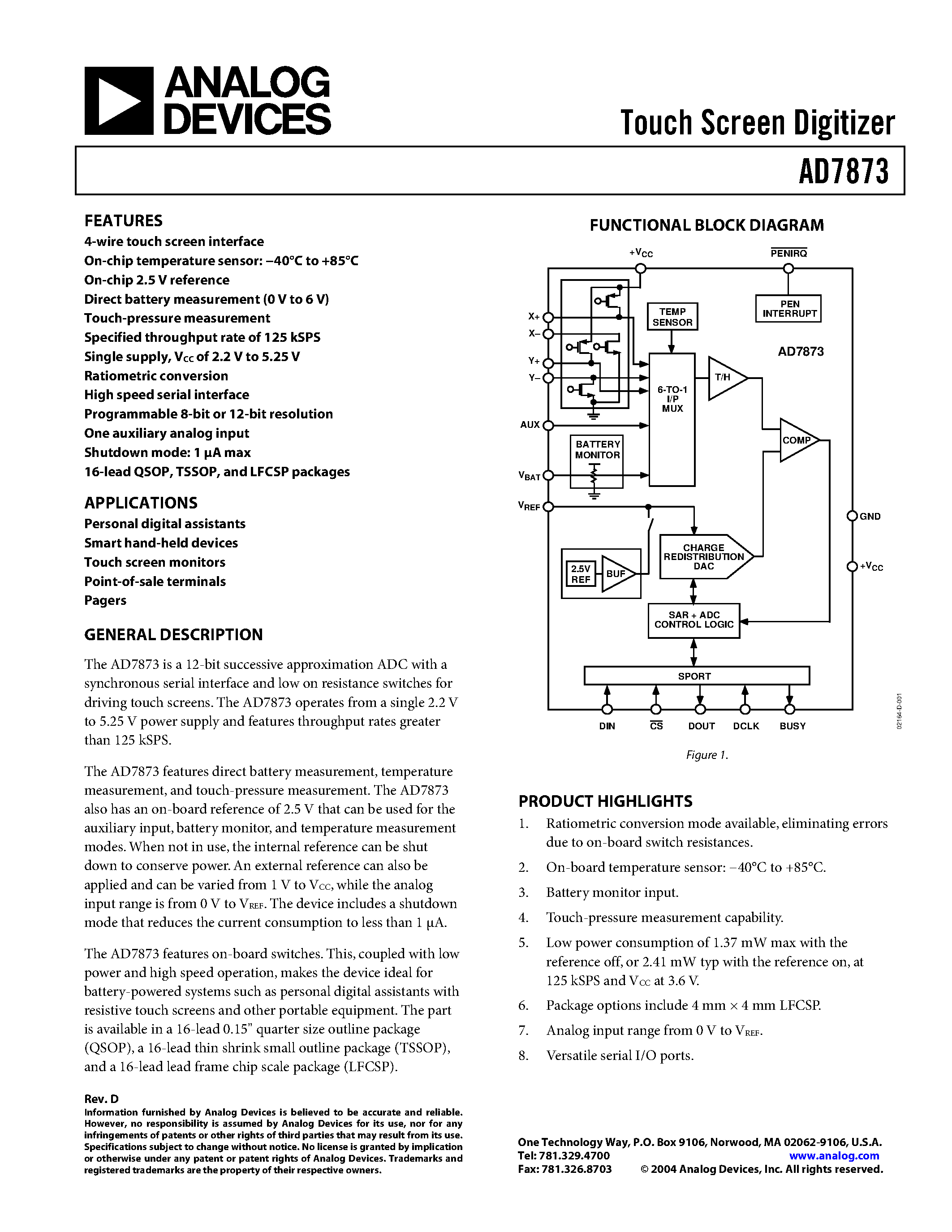 Даташит AD7873ACP - Touch Screen Digitizer страница 1