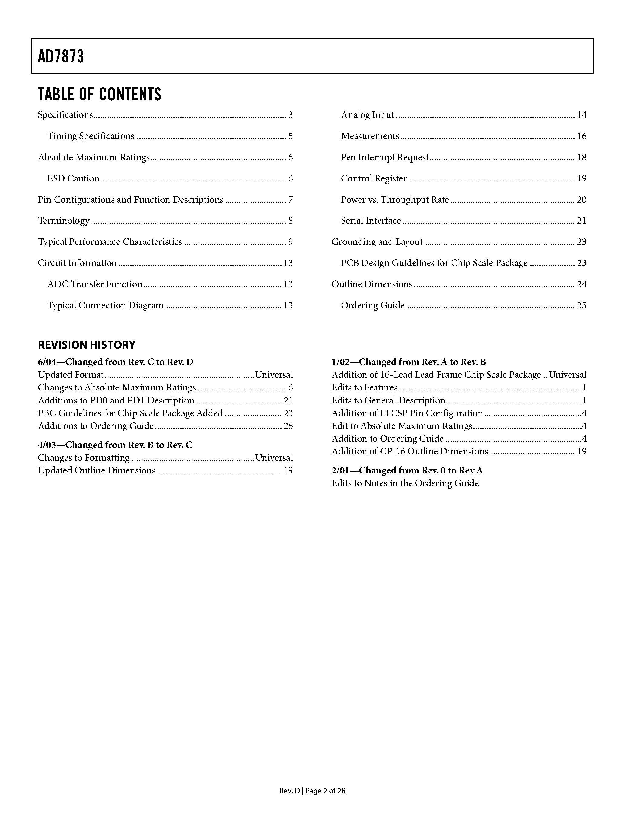 Даташит на микросхему AD7873ACPZ3 страница 2 Даташит AD7873ACPZ3 - Touch Screen Digitizer страница 2