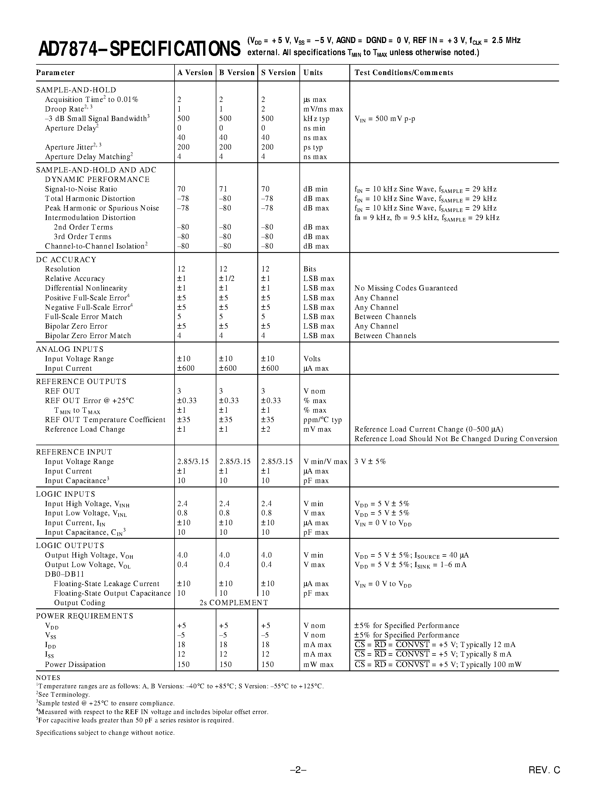 Даташит AD7874BQ - LC2MOS 4-Channel/ 12-Bit Simultaneous Sampling Data Acquisition System страница 2