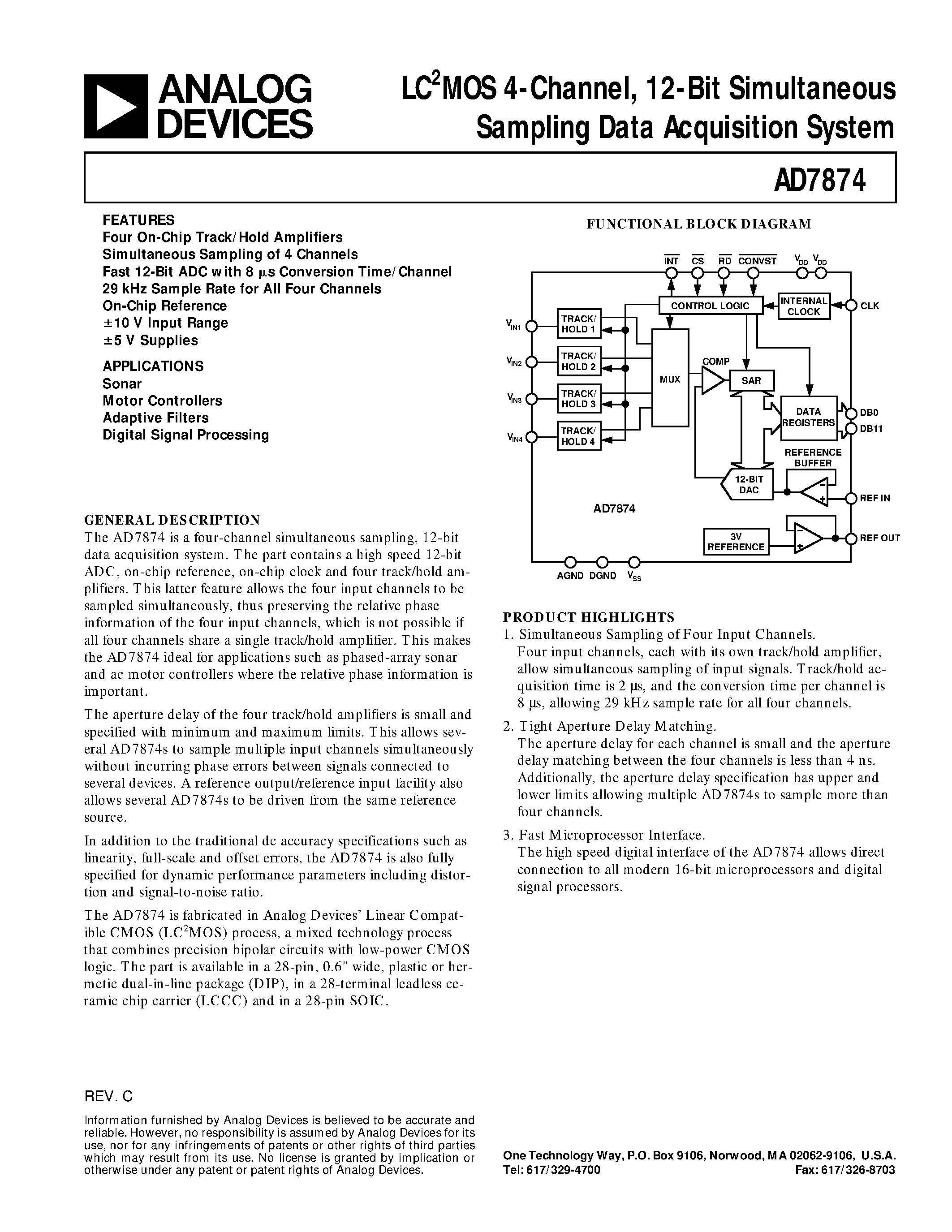 Даташит AD7874SQ - LC2MOS 4-Channel/ 12-Bit Simultaneous Sampling Data Acquisition System страница 1
