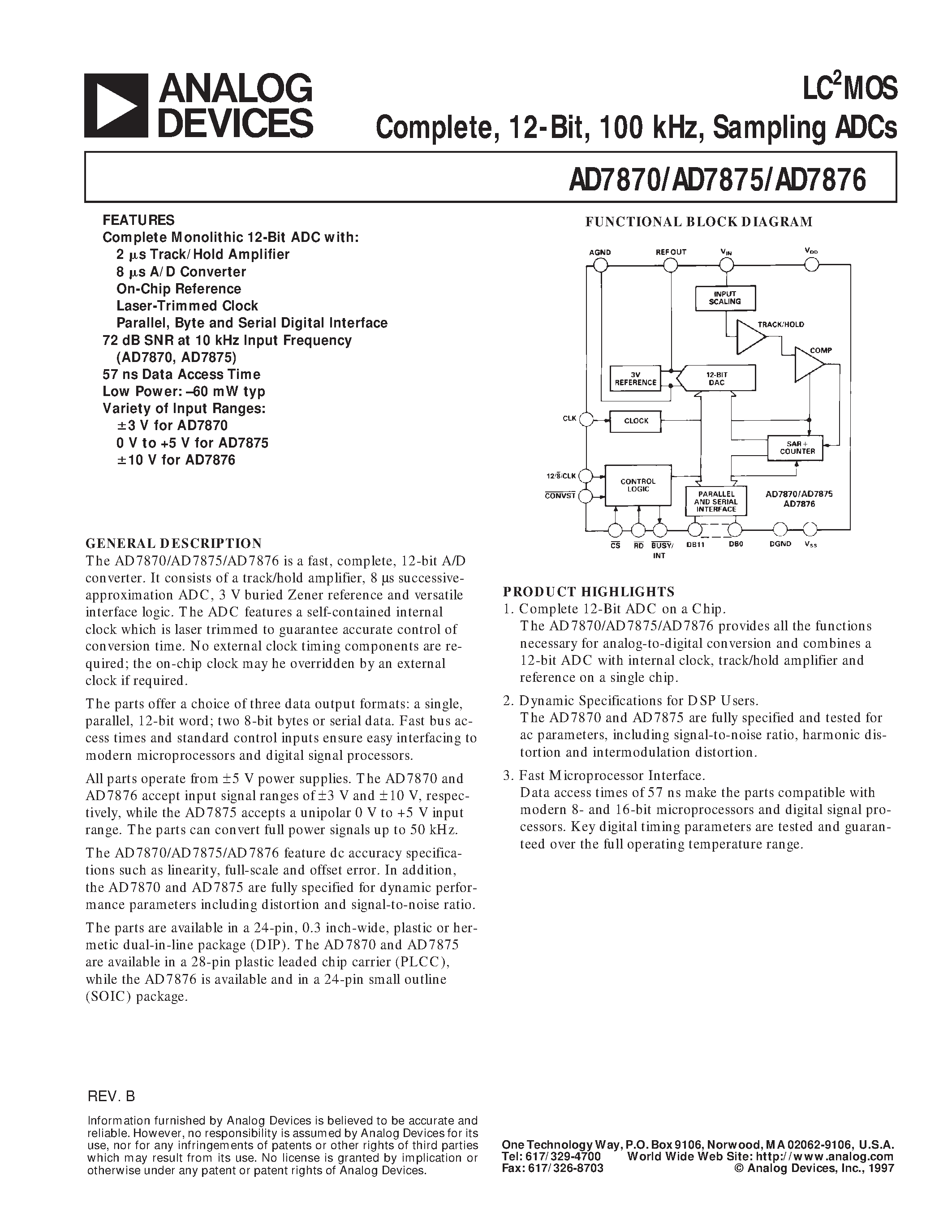 Даташит AD7875LN - LC2MOS Complete/ 12-Bit/ 100 kHz/ Sampling ADCs страница 1