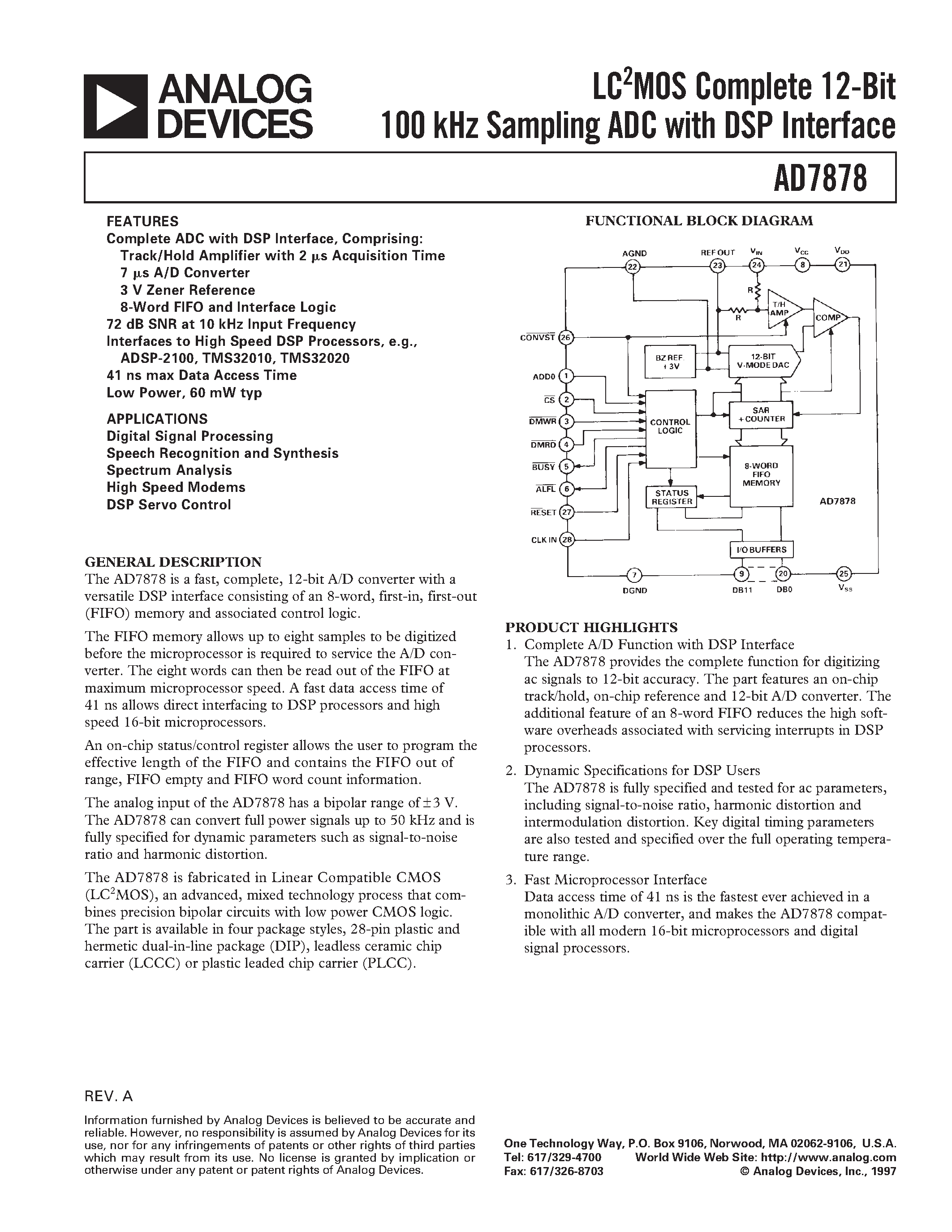 Даташит AD7878JN - LC2MOS Complete 12-Bit 100 kHz Sampling ADC with DSP Interface страница 1