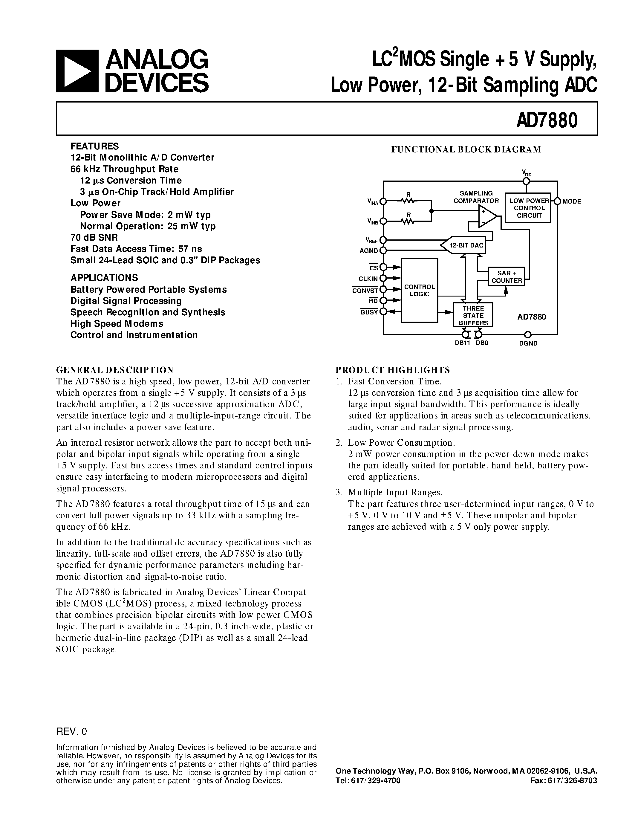 Даташит AD7880BN - LC2MOS Single +5 V Supply/ Low Power/ 12-Bit Sampling ADC страница 1