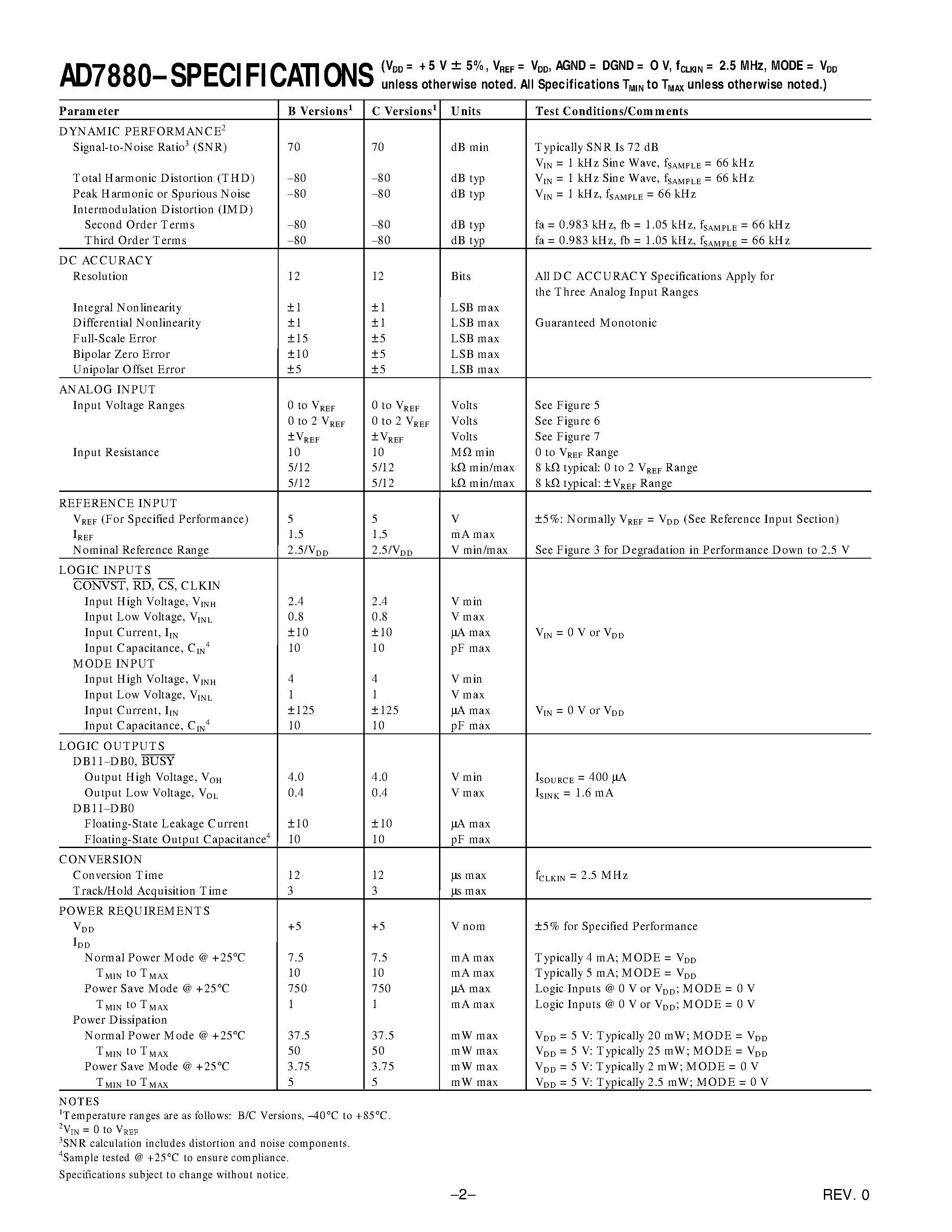 Даташит AD7880BN - LC2MOS Single +5 V Supply/ Low Power/ 12-Bit Sampling ADC страница 2