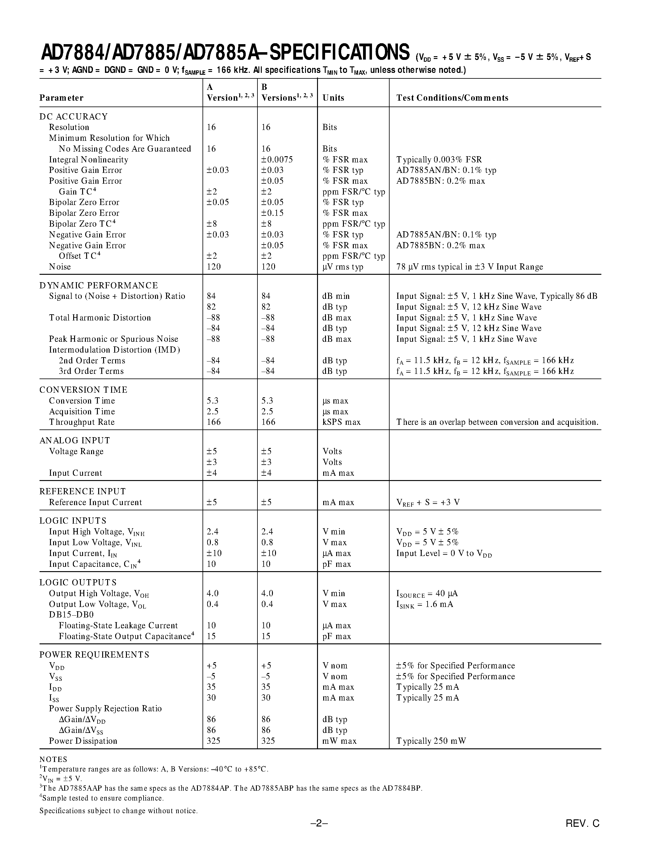 Даташит AD7884AN - LC2MOS 16-Bit/ High Speed Sampling ADCs страница 2