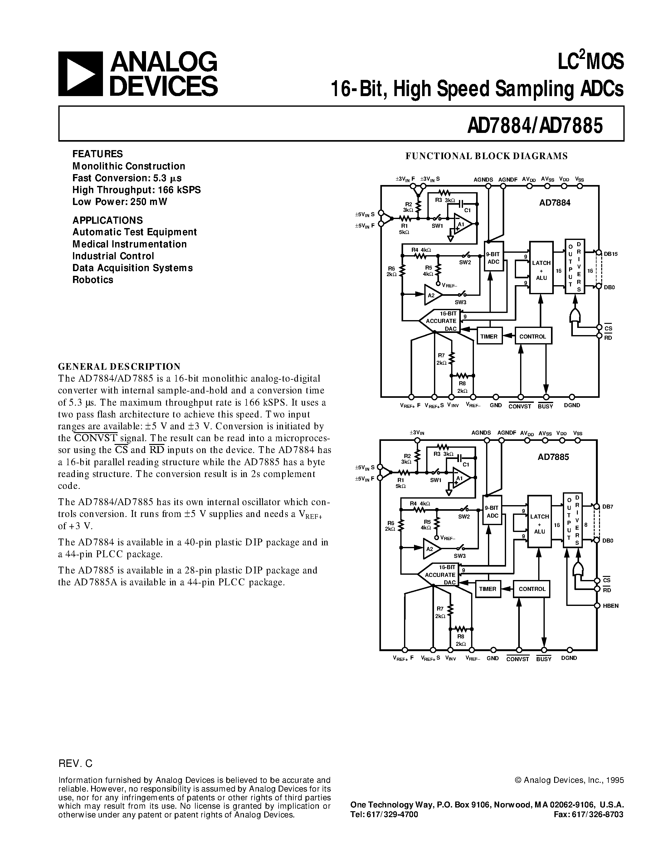 Даташит на микросхему AD7885AN страница 1 Даташит AD7885AN - LC2MOS 16-Bit/ High Speed Sampling ADCs страница 1