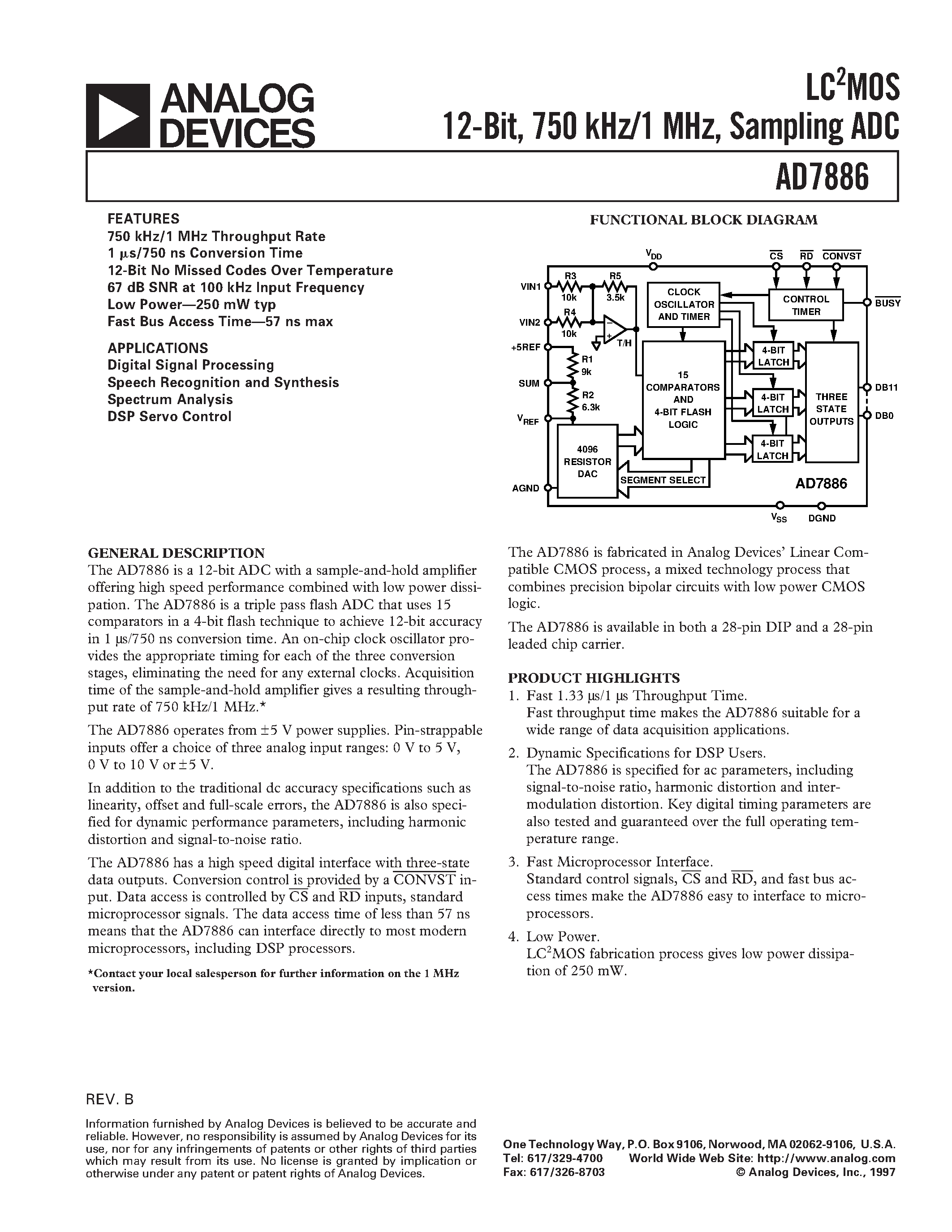 Datasheet AD7886BD page 1 Datasheet AD7886BD - LC2MOS 12-Bit/ 750 kHz/1 MHz/ Sampling ADC page 1