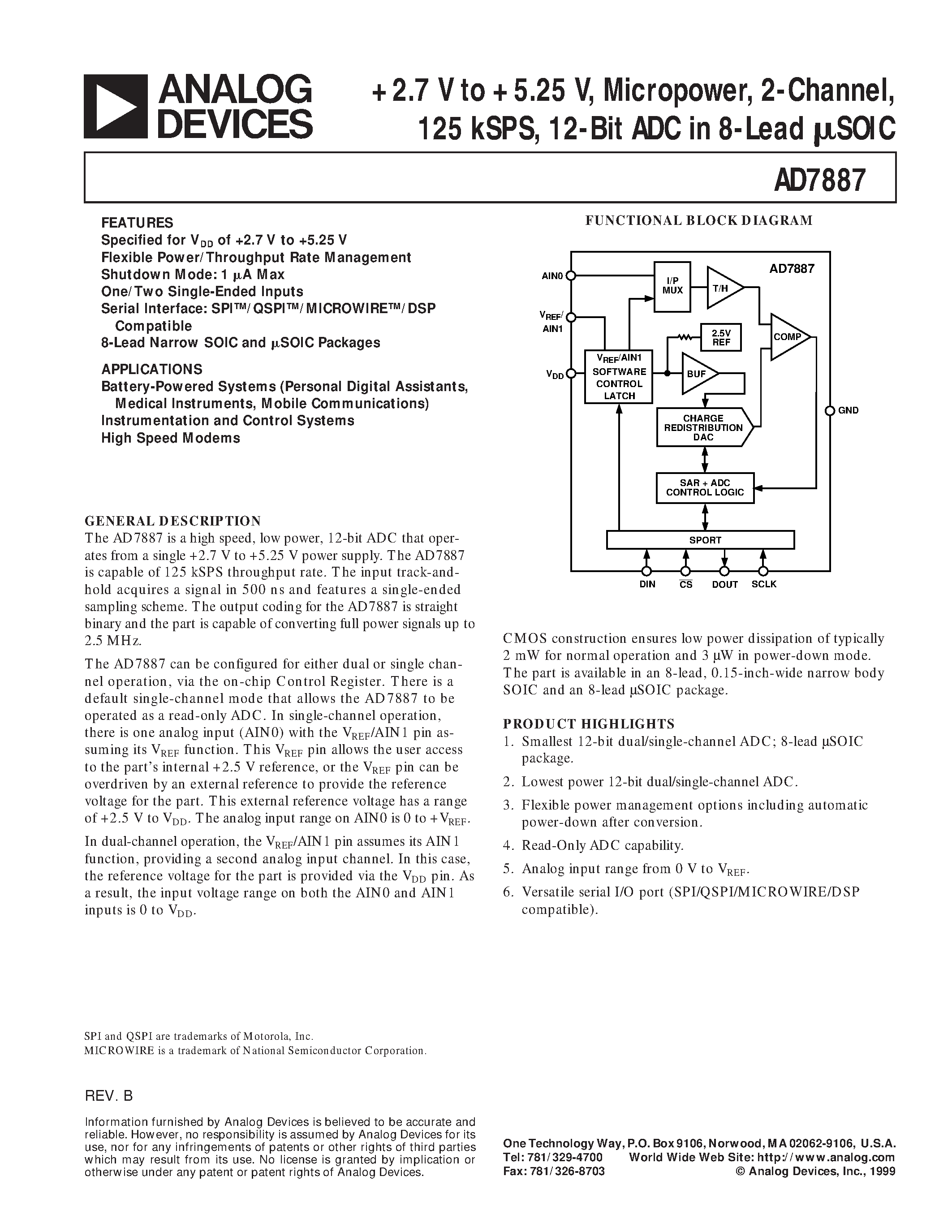 Даташит AD7887ARM - +2.7 V to +5.25 V/ Micropower/ 2-Channel/ 125 kSPS/ 12-Bit ADC in 8-Lead uSOIC страница 1