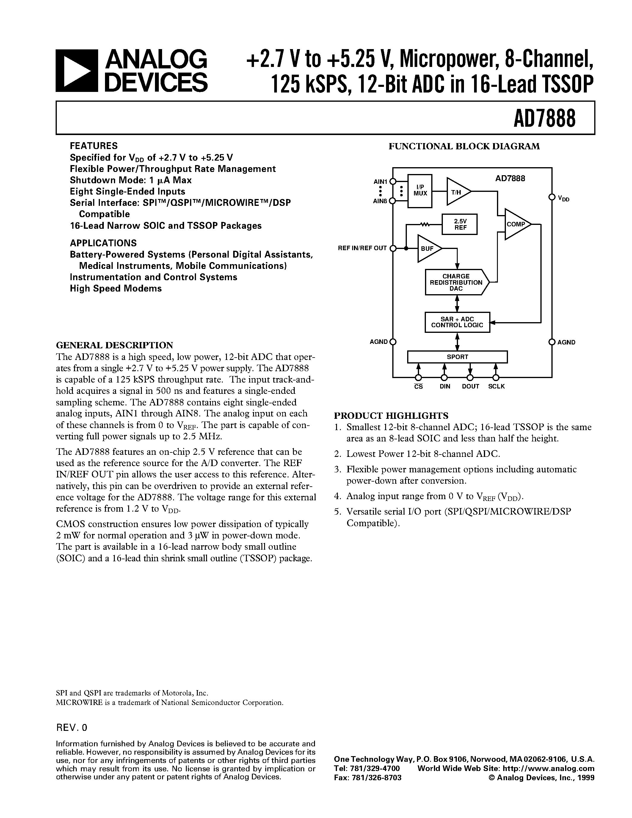 Даташит AD7888BRU - +2.7 V to +5.25 V/ Micropower/ 8-Channel/ 125 kSPS/ 12-Bit ADC in 16-Lead TSSOP страница 1