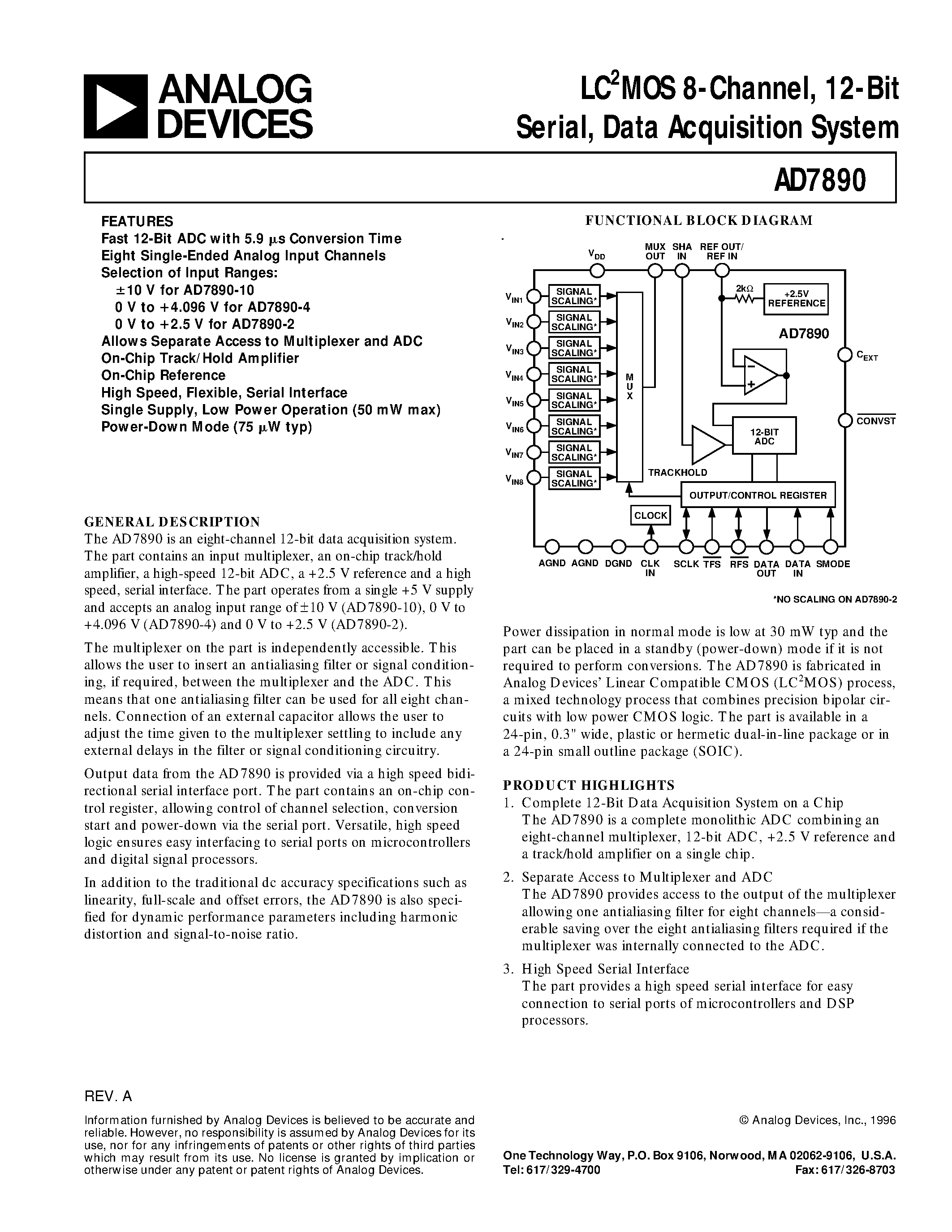 Даташит AD7890AR-2 - LC2MOS 8-Channel/ 12-Bit Serial/ Data Acquisition System страница 1