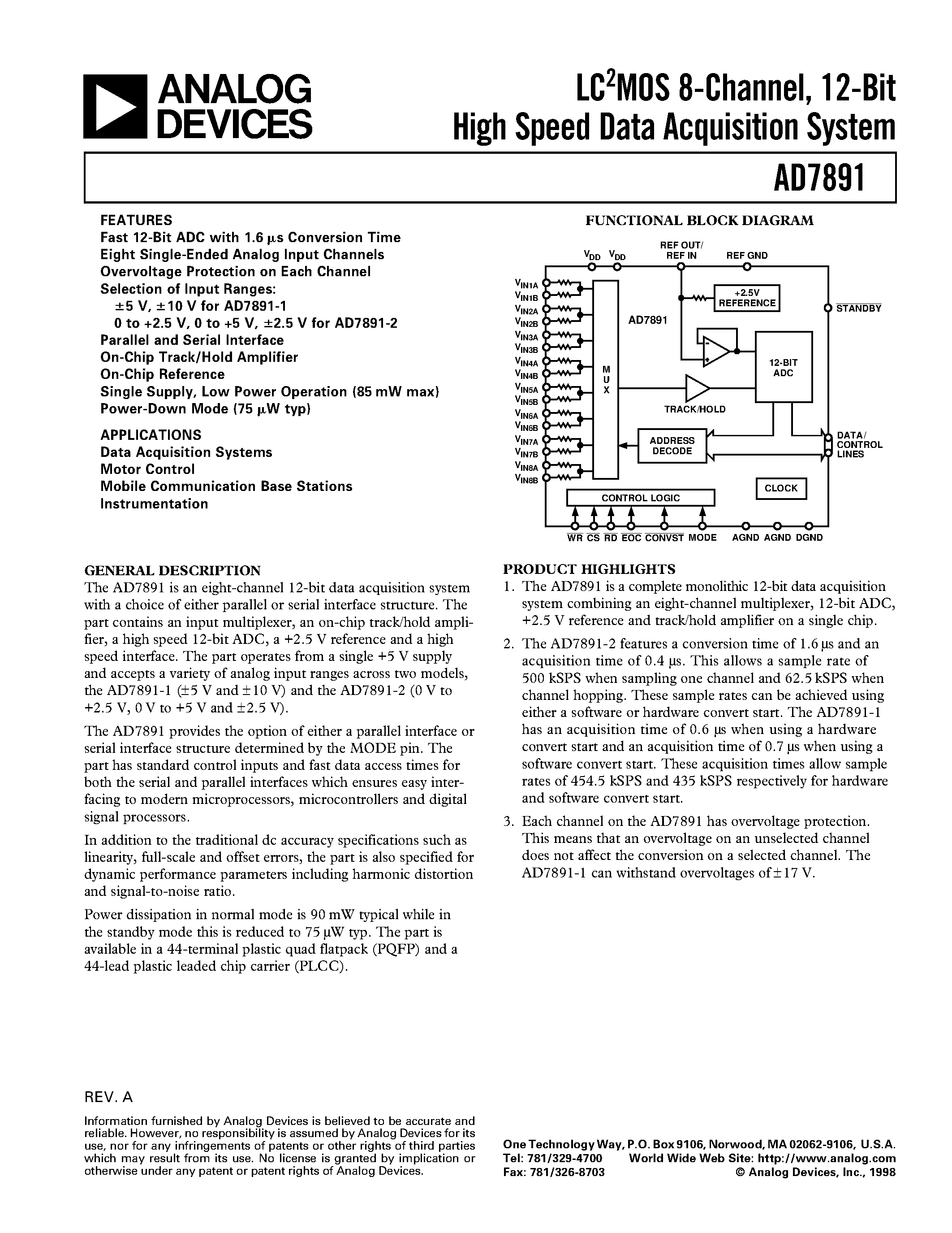 Даташит AD7891AP-2 - LC2MOS 8-Channel/ 12-Bit High Speed Data Acquisition System страница 1